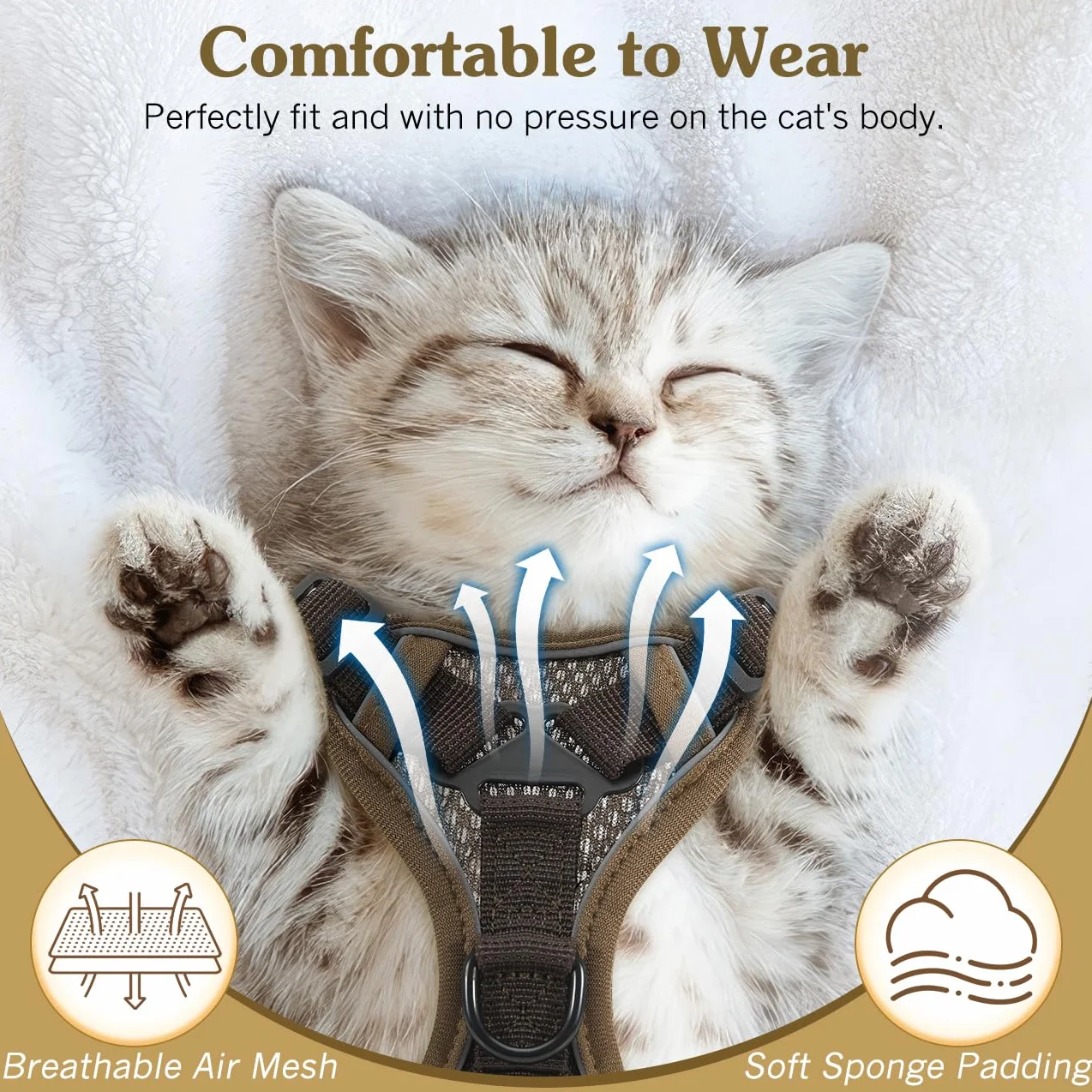 VavoPaw Cat Harness and Leash Set for Walking, Adjustable Kitten Vest Harness with Reflective Strip Breathable Mesh, Escape Proof Soft Pet Safety Vest for Cats, Kittens, Puppies, M Coffee