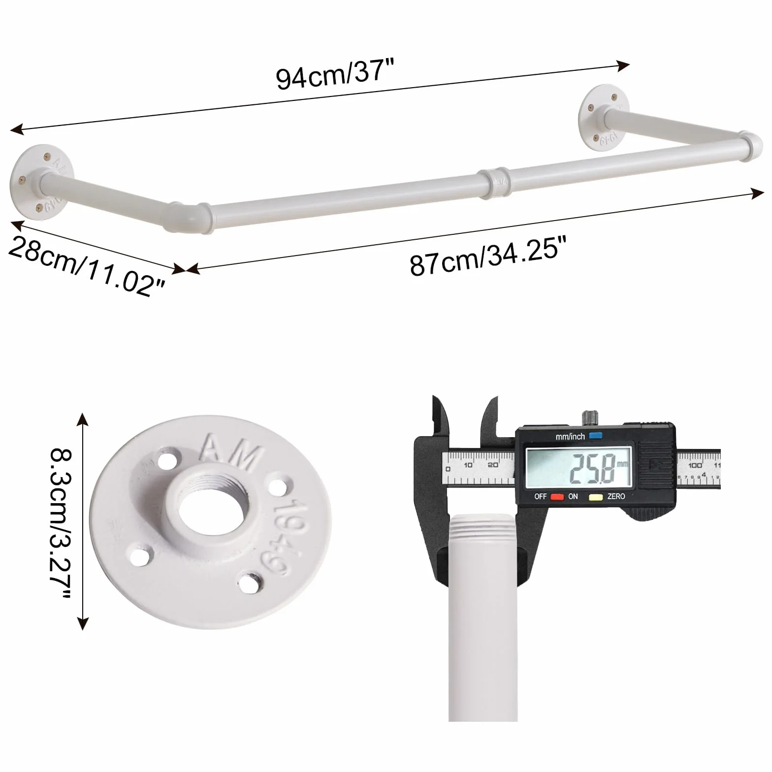 IBUYKE 94 cm naścienny wieszak na ubrania, industrialny design, montowany na ścianie, zdejmowany wieszak na ubrania, oszczędność miejsca, do 50 kg, dwie podstawy, biały TYJ001W