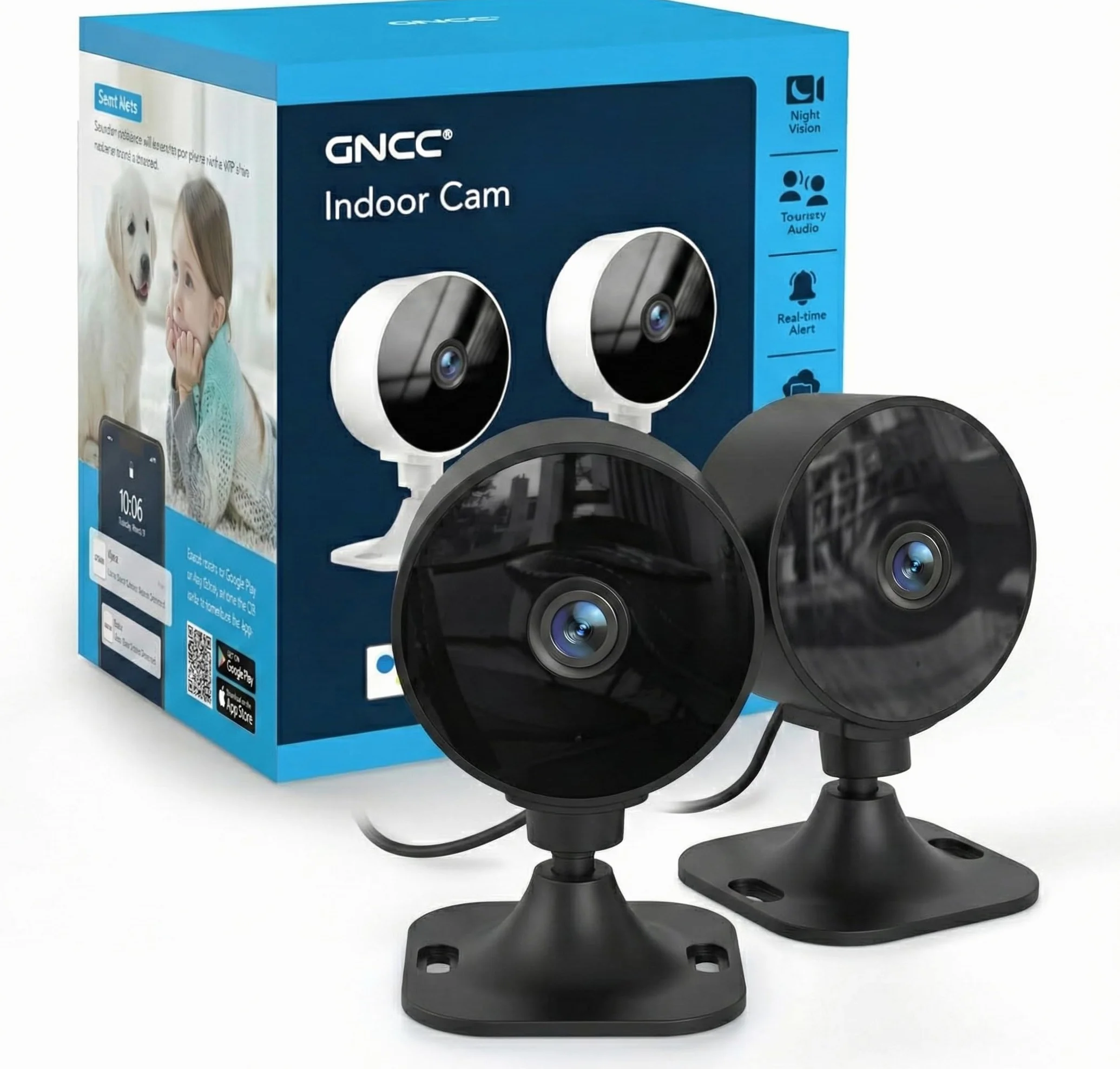 GNCC GC3 Zestaw 2 kamer wewnętrznych WiFi 2,4 GHz 1080P do monitoringu dzieci/zwierząt, czarna