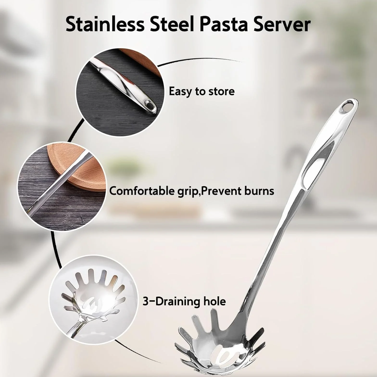 1 łyżka do spaghetti, z 1 szczypcami do serwowania, łyżka do makaronu z zębami, łyżka do makaronu ze stali nierdzewnej, przyrząd do podnoszenia makaronu, łatwa obsługa i czyszczenie, 34,5 cm
