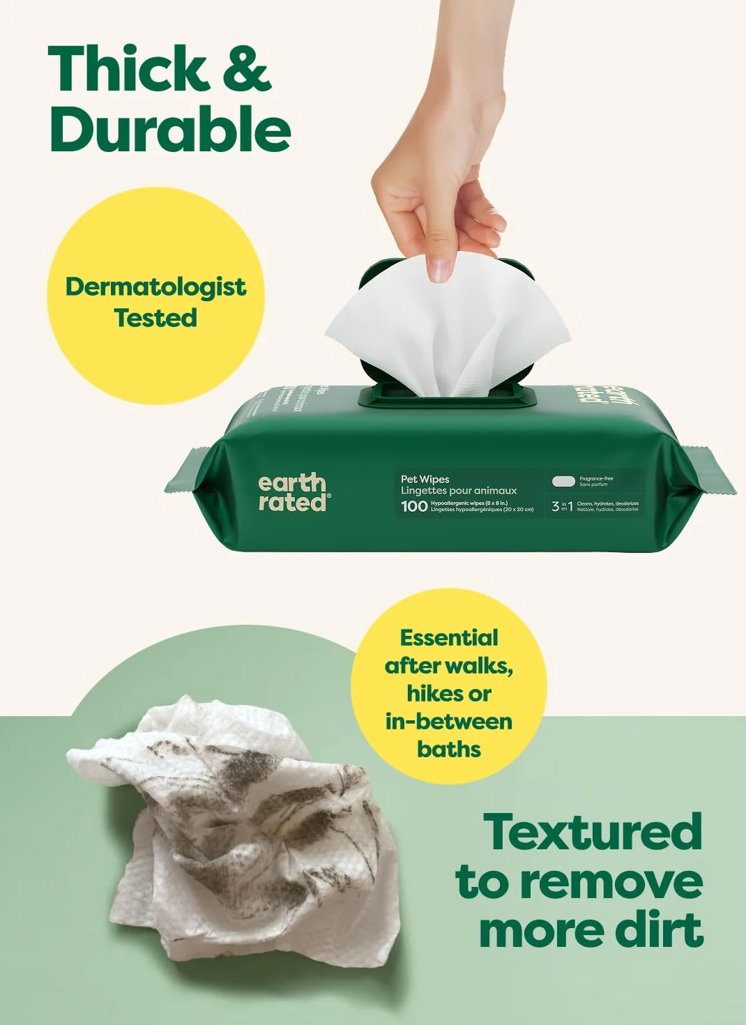 Earth Rated Chusteczki dla Zwierząt dla Psów, Hipoalergiczne, Czyszczące i Nawilżające, do Pielęgnacji Łap, Ciała i Pupy, Bezzapachowe, 100 Sztuk