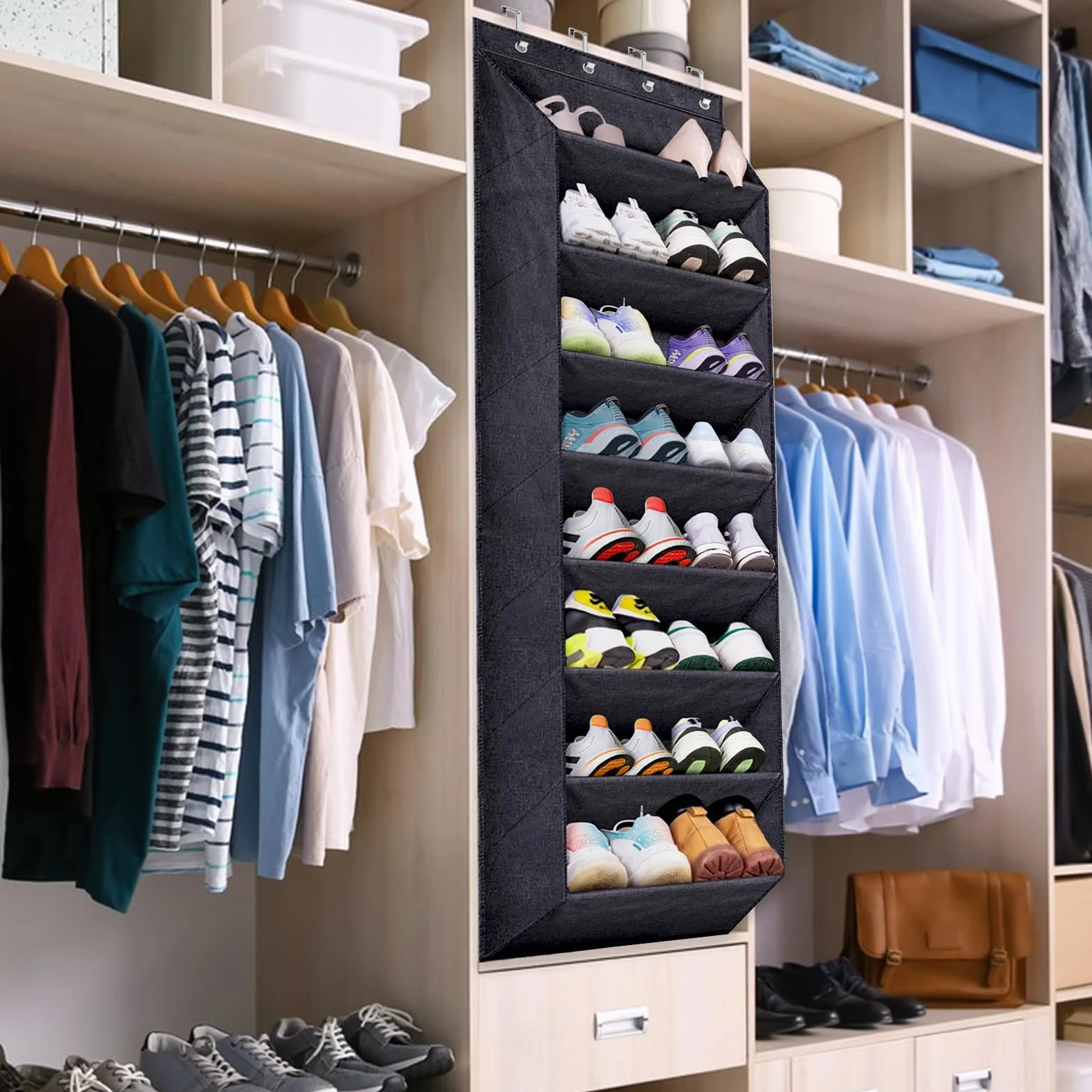 Organizer na buty z 8 półkami do zawieszenia nad drzwiami, regał na buty, szafka z głębokimi kieszeniami, przechowywanie za drzwiami, na 24 pary butów (czarny)