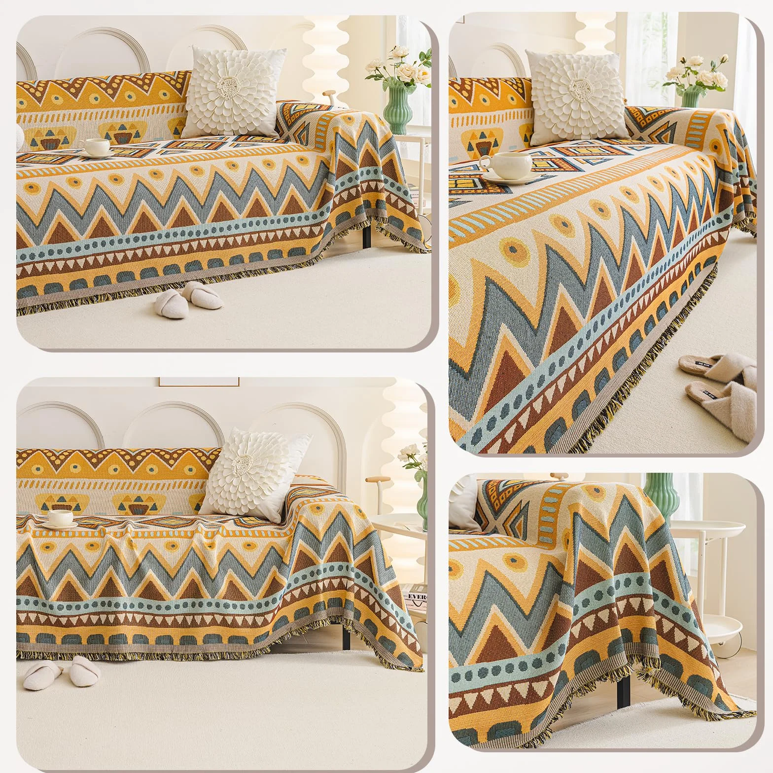 Narzuta na sofę, duża, 3-osobowa, tkana narzuta na sofę z frędzlami, oddychająca, wszechstronna, na sofę, łóżko i fotel, 180 x 300 cm, boho