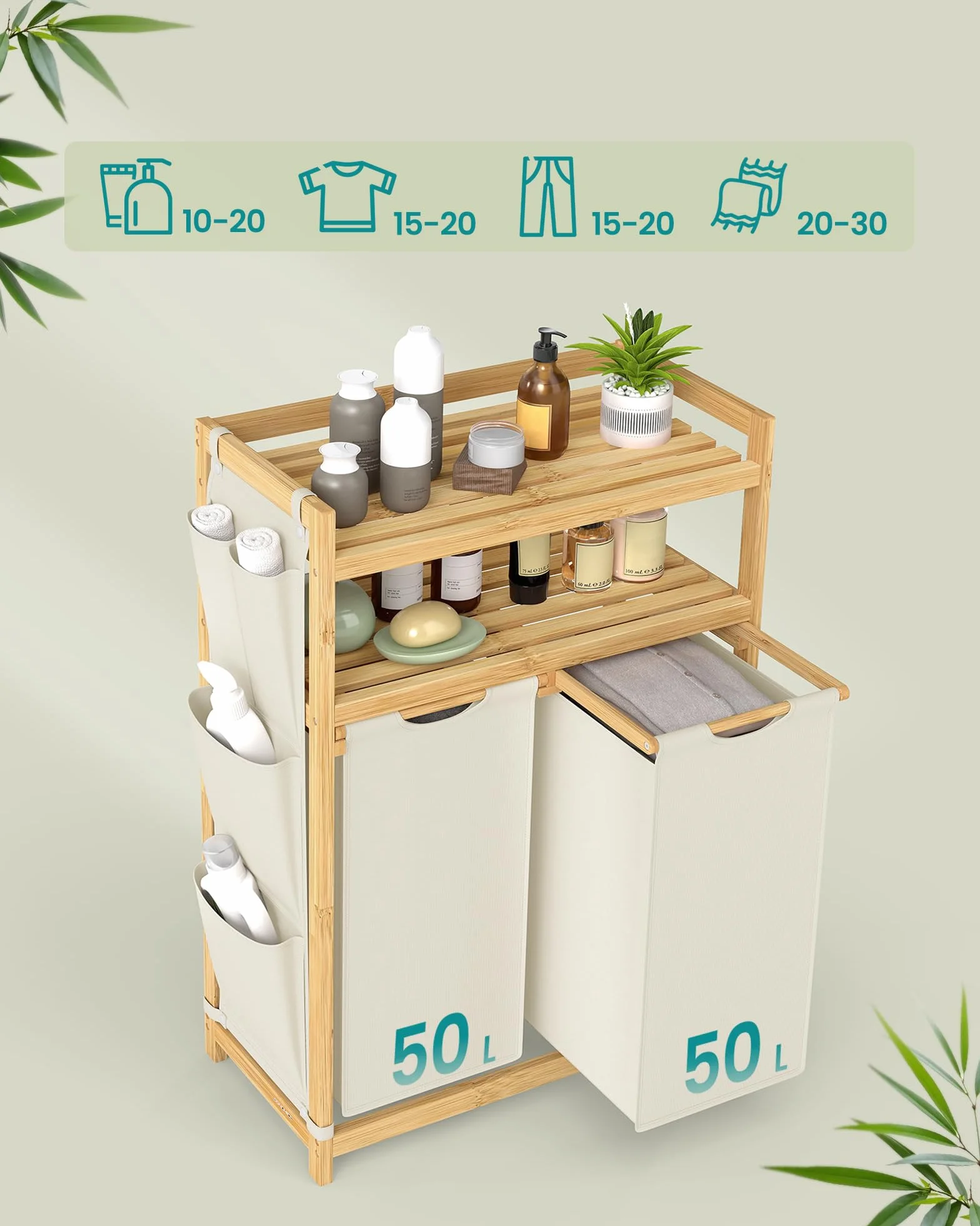 SONGMICS Kosz na pranie z 2 przegródkami, kosz na pranie, pojemność do 100 l, z półką, workiem na pranie, kieszeniami bocznymi, 2 x 50 l, 63 x 33 x 98 cm, kremowo-biały RLH200W01
