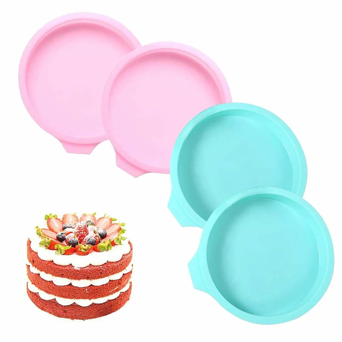 4 sztuki foremek silikonowych, 20 cm, tęczowe formy do pieczenia, silikonowe, okrągłe, szczelne, warstwowe, nieprzywierające, z powłoką zapobiegającą przywieraniu (różowe i zielone)