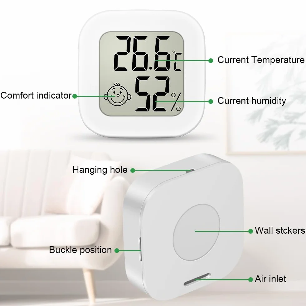 Ainiv Cyfrowy mini termometr/higrometr pokojowy do pomieszczeń, z wyświetlaczem LCD i ikonami twarzy, z monitorem wilgotności temperatury, do sypialni, pokoju dziecięcego, magazynu, samochodu