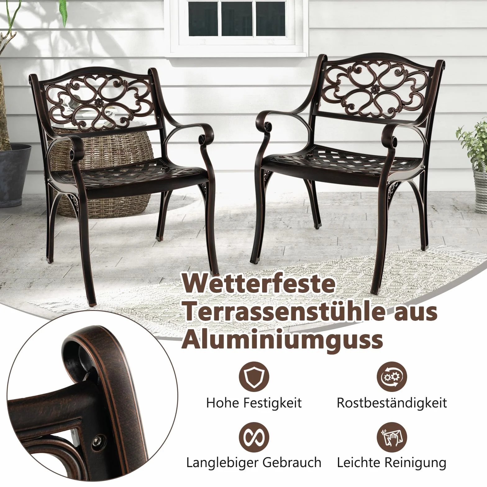 COSTWAY Zestaw 2 krzeseł ogrodowych z odlewu aluminium, odporne na warunki atmosferyczne, krzesła tarasowe z podłokietnikami, krzesła balkonowe do ogrodu, na balkon, podwórko, brąz