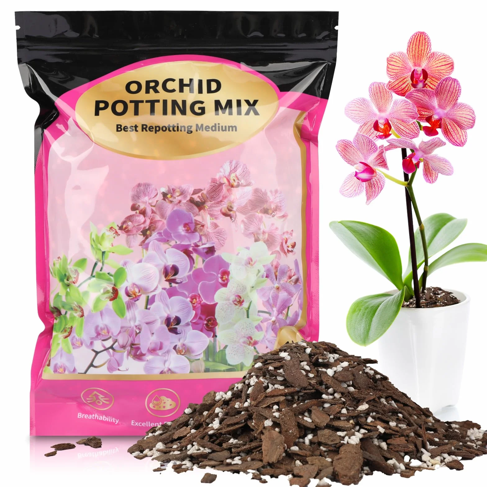 Kompost do doniczek z orchideami 4L, Kompost z kory orchidei i perlitu, Najwyższej jakości medium do doniczek, przesadzania, poprawionej drenażu, przepływu powietrza i wentylacji korzeni