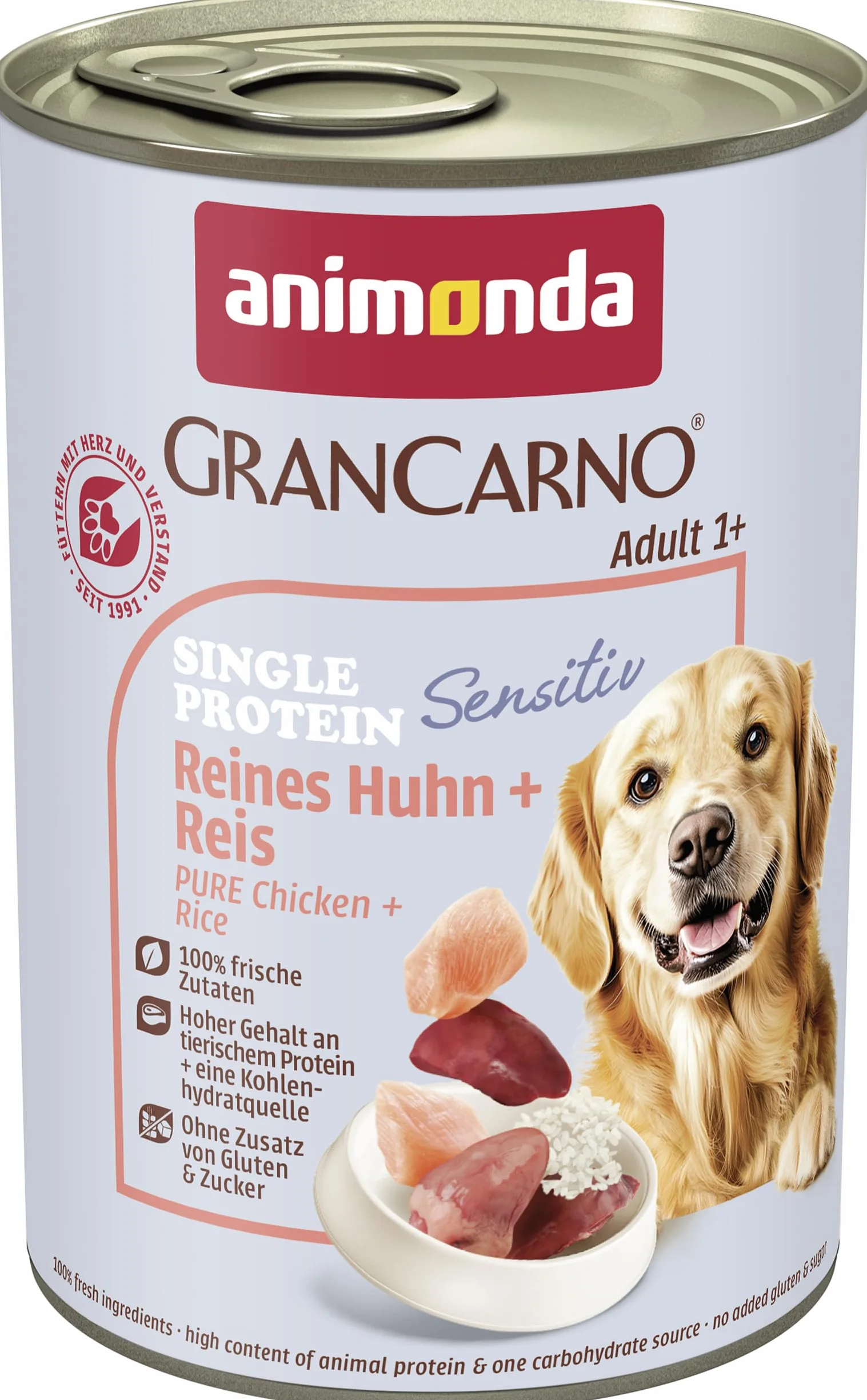 animonda Gran Carno Adult Sensitiv karma dla psów, mokra karma dla dorosłych psów, czysty kurczak + ryż, 6 x 400 g