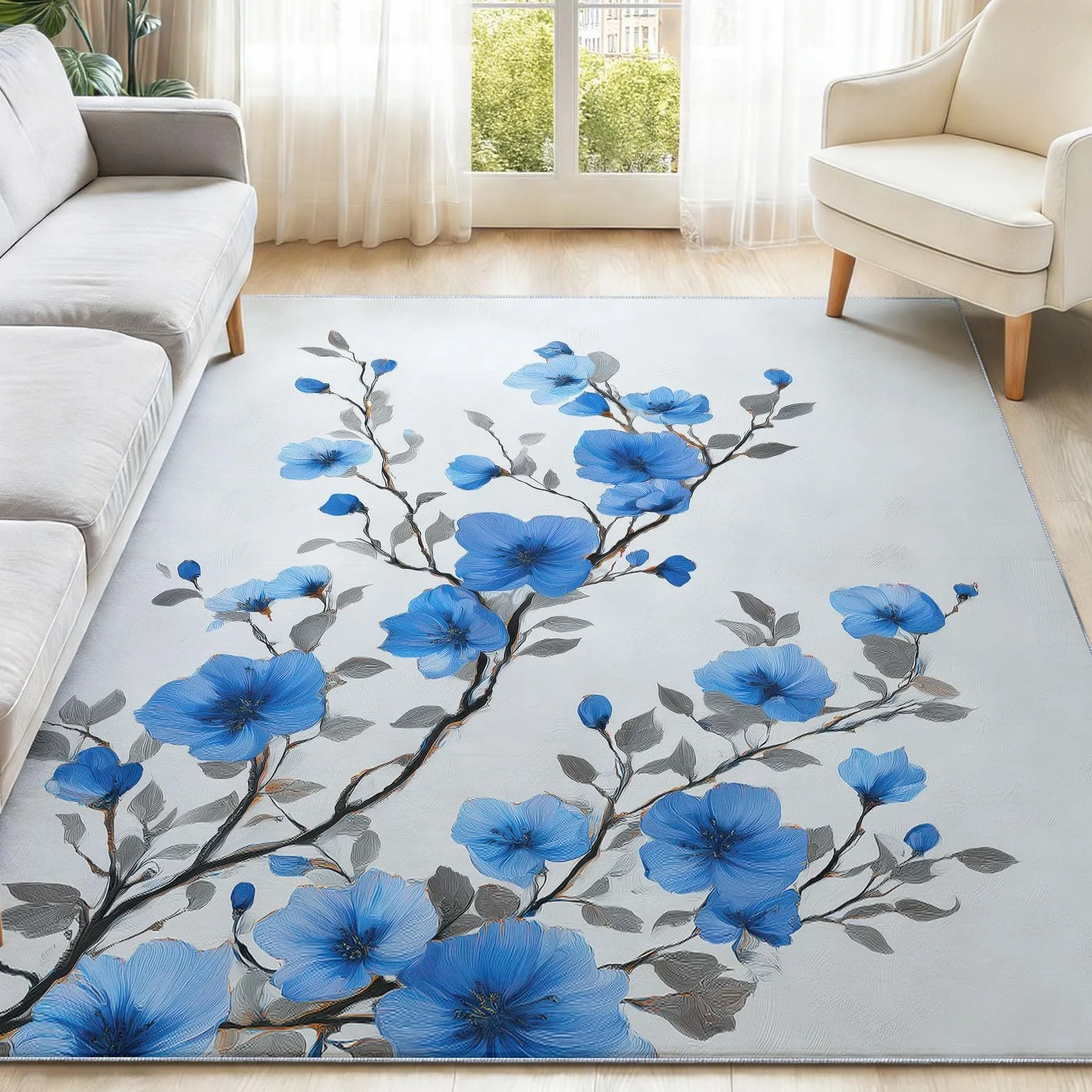 Tradycyjny dywan do salonu, 80 x 150 cm, można prać w pralce, antypoślizgowy, niebieskie gałęzie kwiatów, dywany do sypialni, jadalni, biura, odporny na plamy dywan z nadrukiem, do wewnątrz, domu