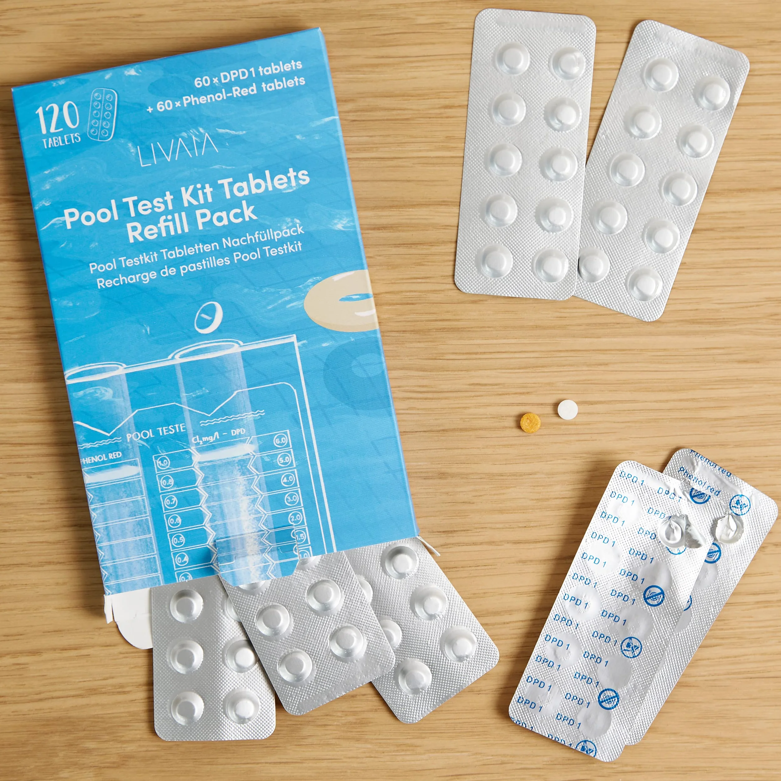 LIVAIA Tester chloru i pH: zestaw 60 tabletek testowych do basenów: 30 tabletek Phenol Red, 30 tabletek DPD1; wartość pH i zawartość wolnego chloru, tester pH