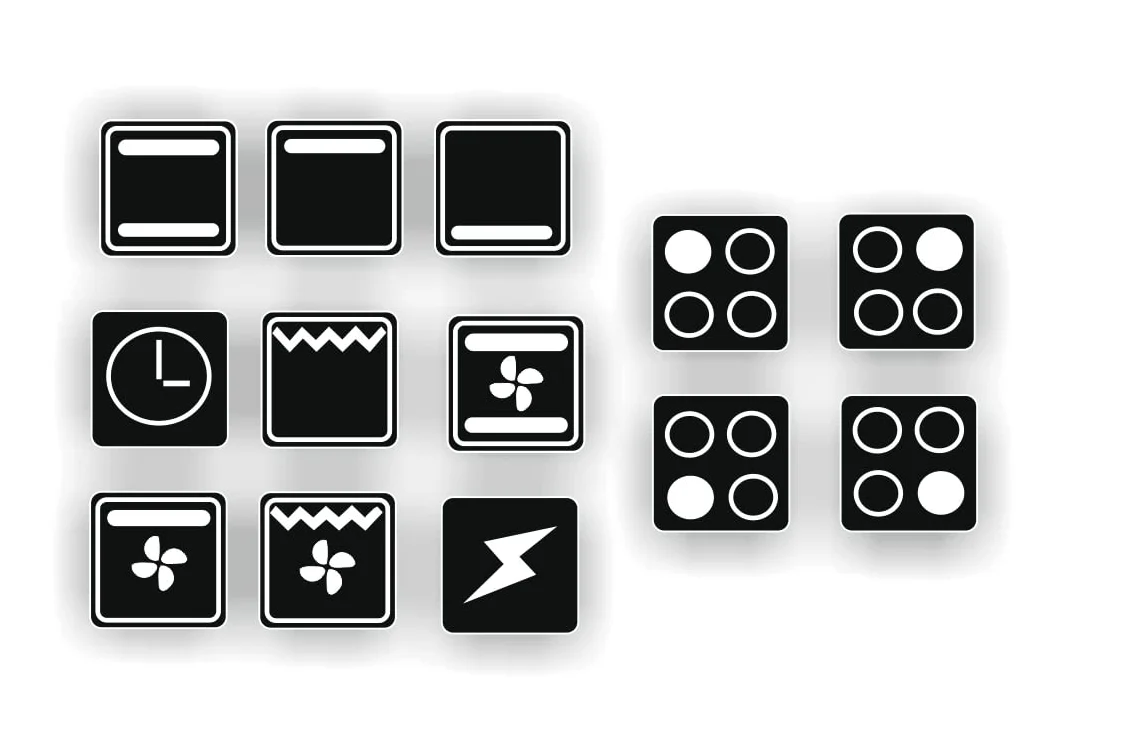 Generisch Zestaw 13 naklejek na kuchenkę, napisy, piekarnik, przełącznik, symbole (R29/1/2) (14 x 14 mm)