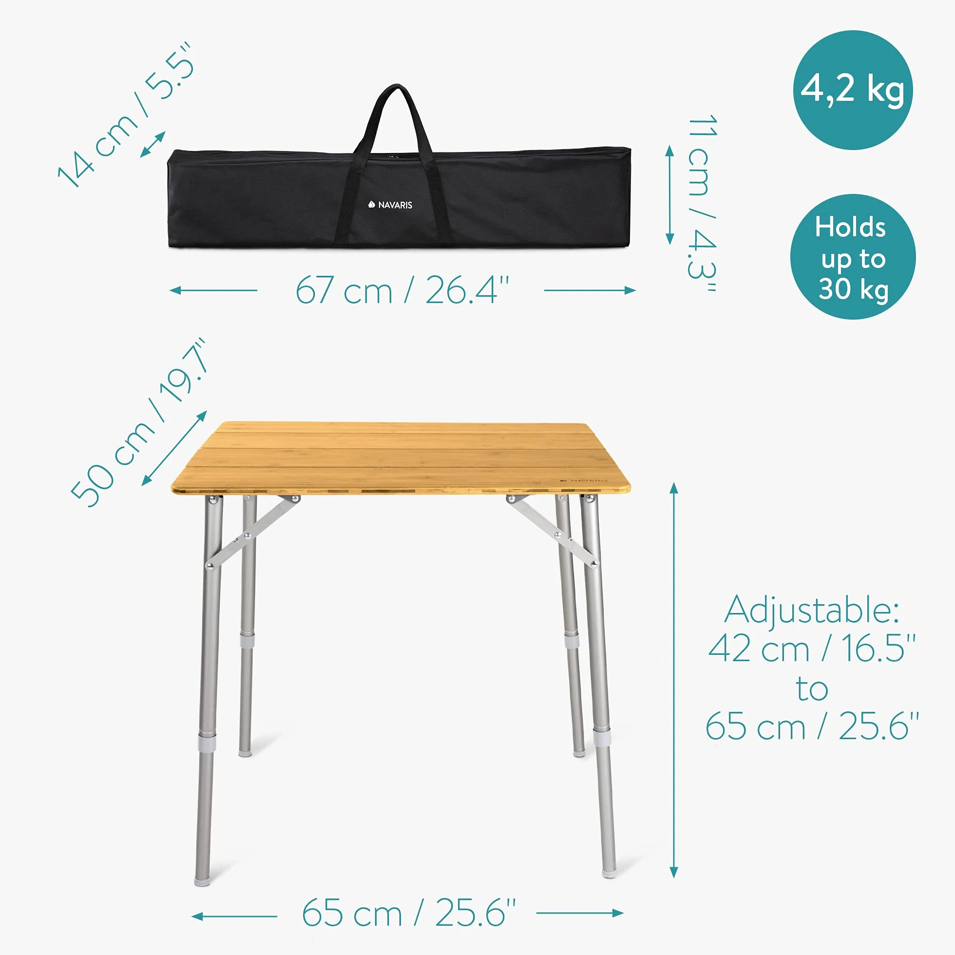 Navaris Bambusowy stół kempingowy, składany, obciążenie do 30 kg, do użytku na świeżym powietrzu, na kemping, wędkowanie, stół aluminiowy, składany, z regulacją wysokości