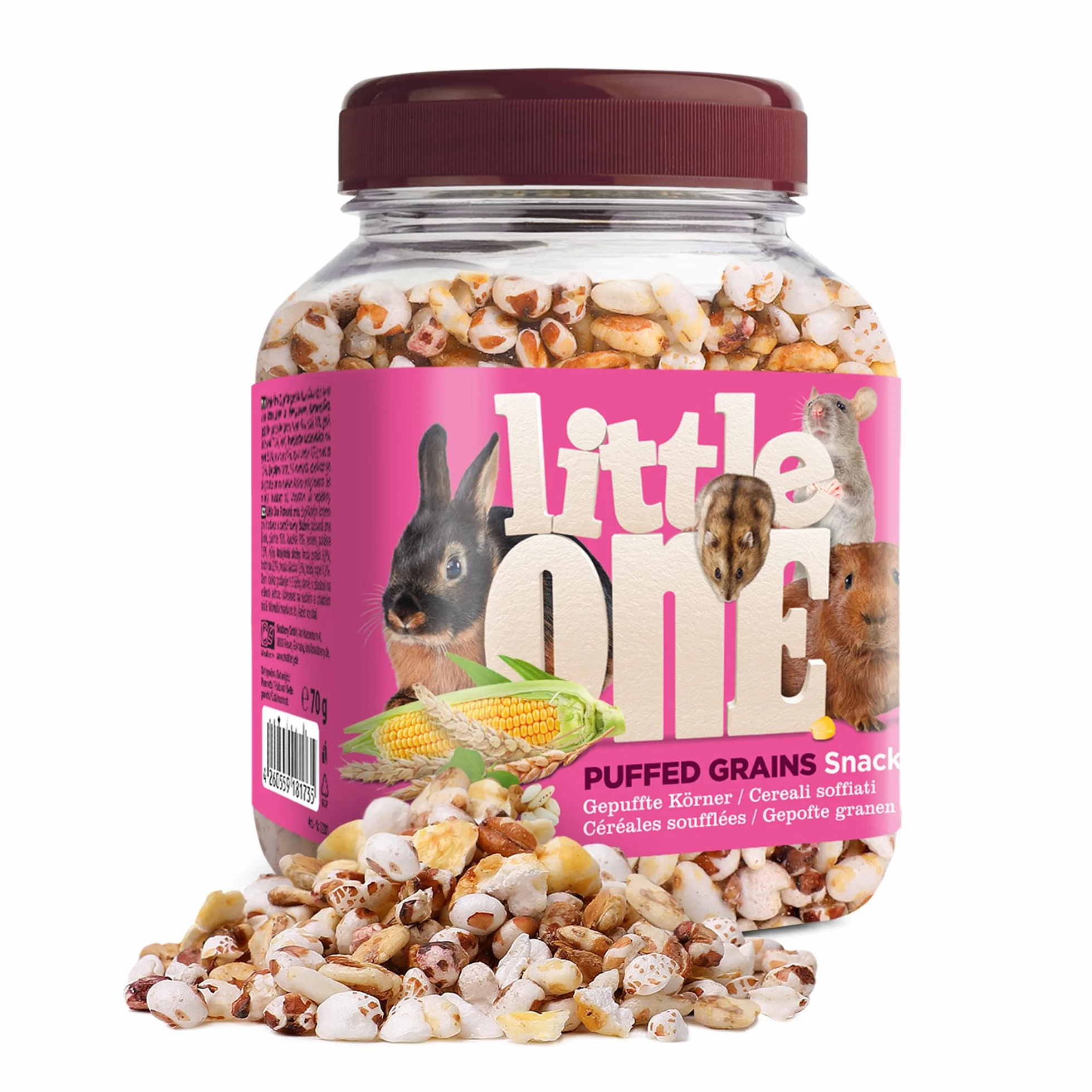 Little One Przekąska puffed Grains | 70 g | karma uzupełniająca dla gryzoni i królików karłowatych | Zawiera dmuchaną pszenicę, jęczmień i kukurydzę | Zawiera cenne substancje białkowe