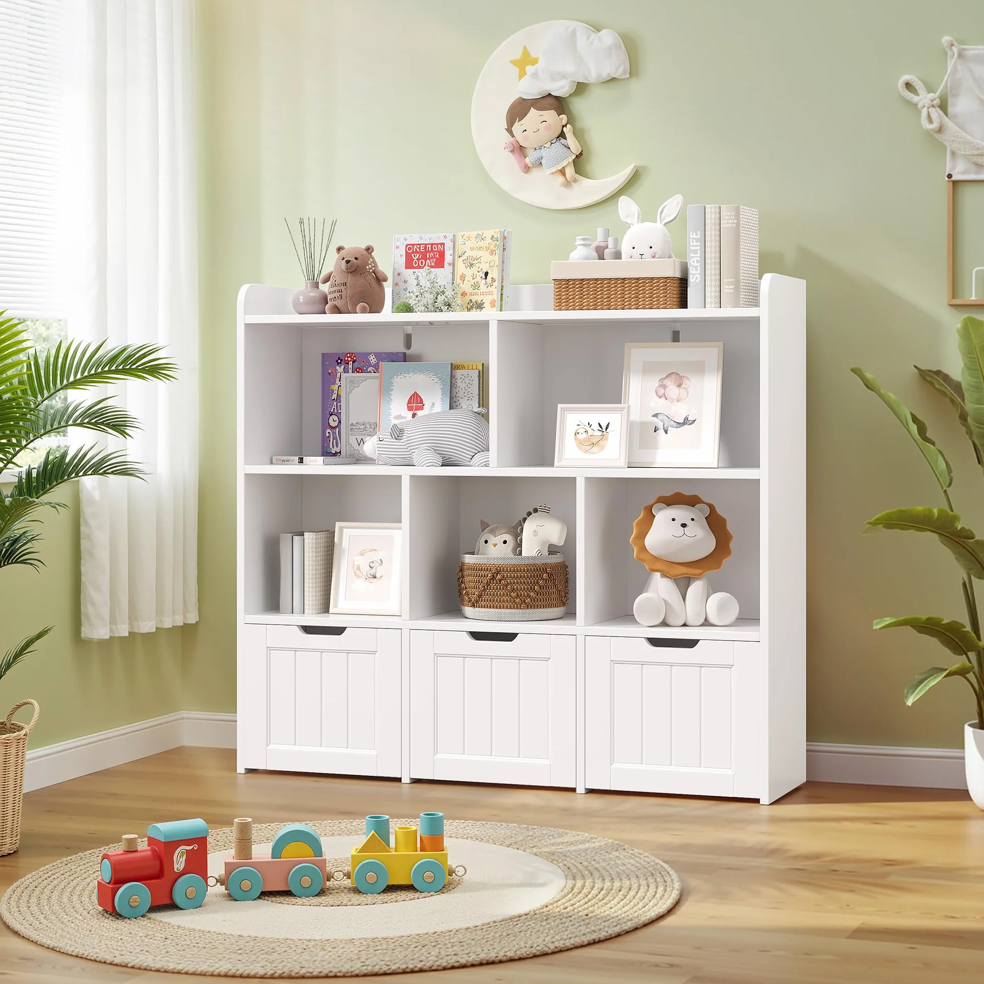 Xbro Półka na Przedmioty dla Dzieci z 3 Szufladami na Kółkach i 5 Półkami Otwartymi, Regał na Książki i Zabawki, MDF, 100x30x91 cm, Biały