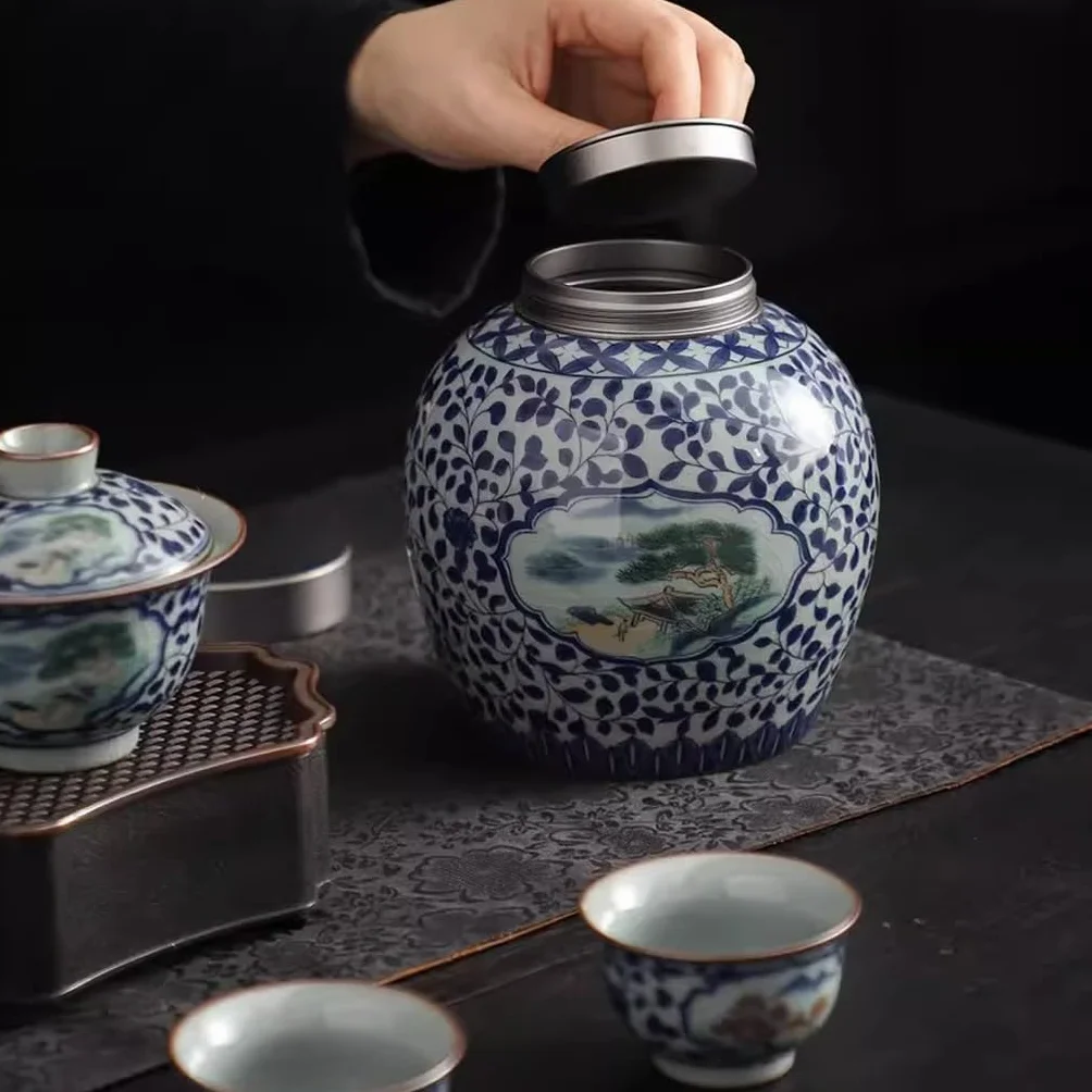 TEESONG Słoiki na herbatę niebiesko-biała ceramiczna puszka na herbatę, duża puszka do przechowywania herbaty, zamknięte opakowanie pu'er czarna herbata pusta puszka pojemniki do przechowywania