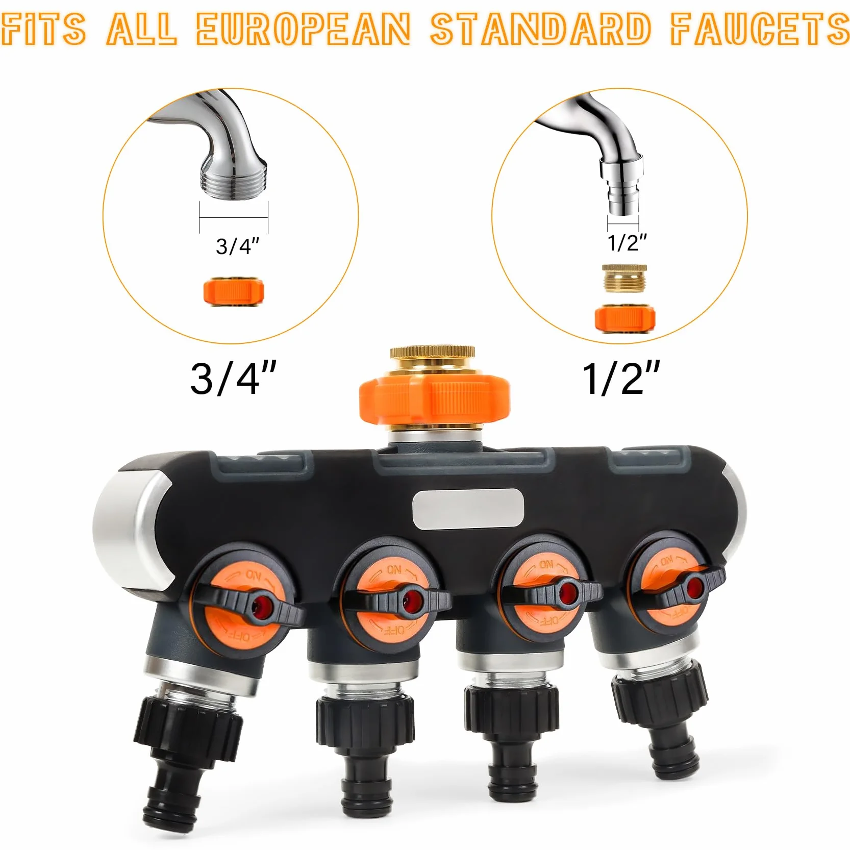 Rozdzielacz 4-drożny – Rozdzielacz wody 3/4" i 1/2" z zaworem kranowym do jednoczesnego podłączenia 4 urządzeń, regulowany przepływ wody, adapter do nawadniania ogrodu.