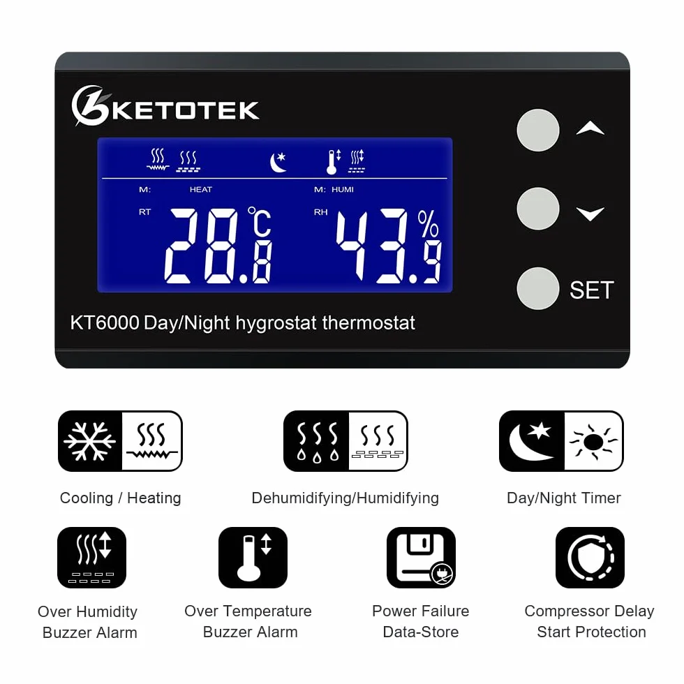 KETOTEK Termostat gniazdko z higrostatem cyfrowym z programatorem czasowym w dzień/noc, regulator temperatury, regulator wilgotności, gniazdko z czujnikiem 230 V, regulator temperatury i wilgotności