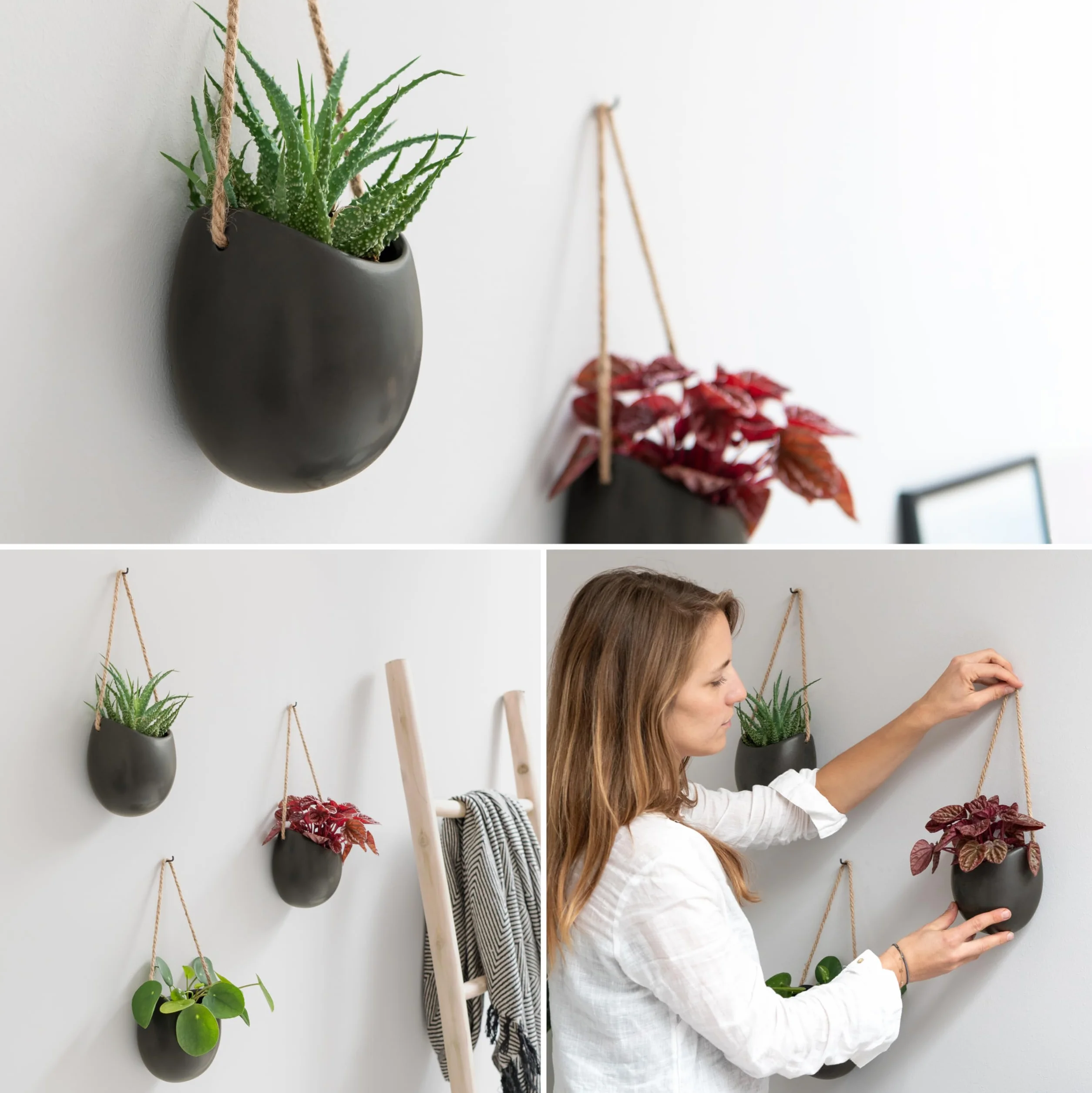 Kazai.® Donice Ścienne -Ellie- | Wiszące Ceramiczne Doniczki 3 sztuki | Dekoracja Ścienna do Wnętrz, Balkonów i Ogrodów | Grafitowy (matowy)