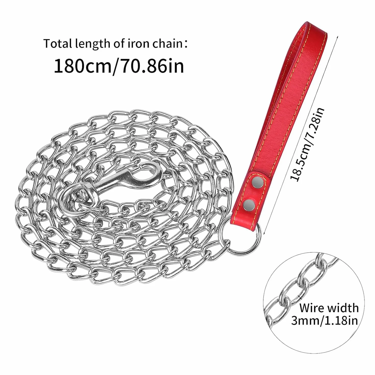 Smycz dla psa z metalu, 180 cm, smycz treningowa dla psa, wysokowydajny łańcuch dla psa, smycz ze skóry i metalu, dla dużych, średnich i małych psów, czerwona
