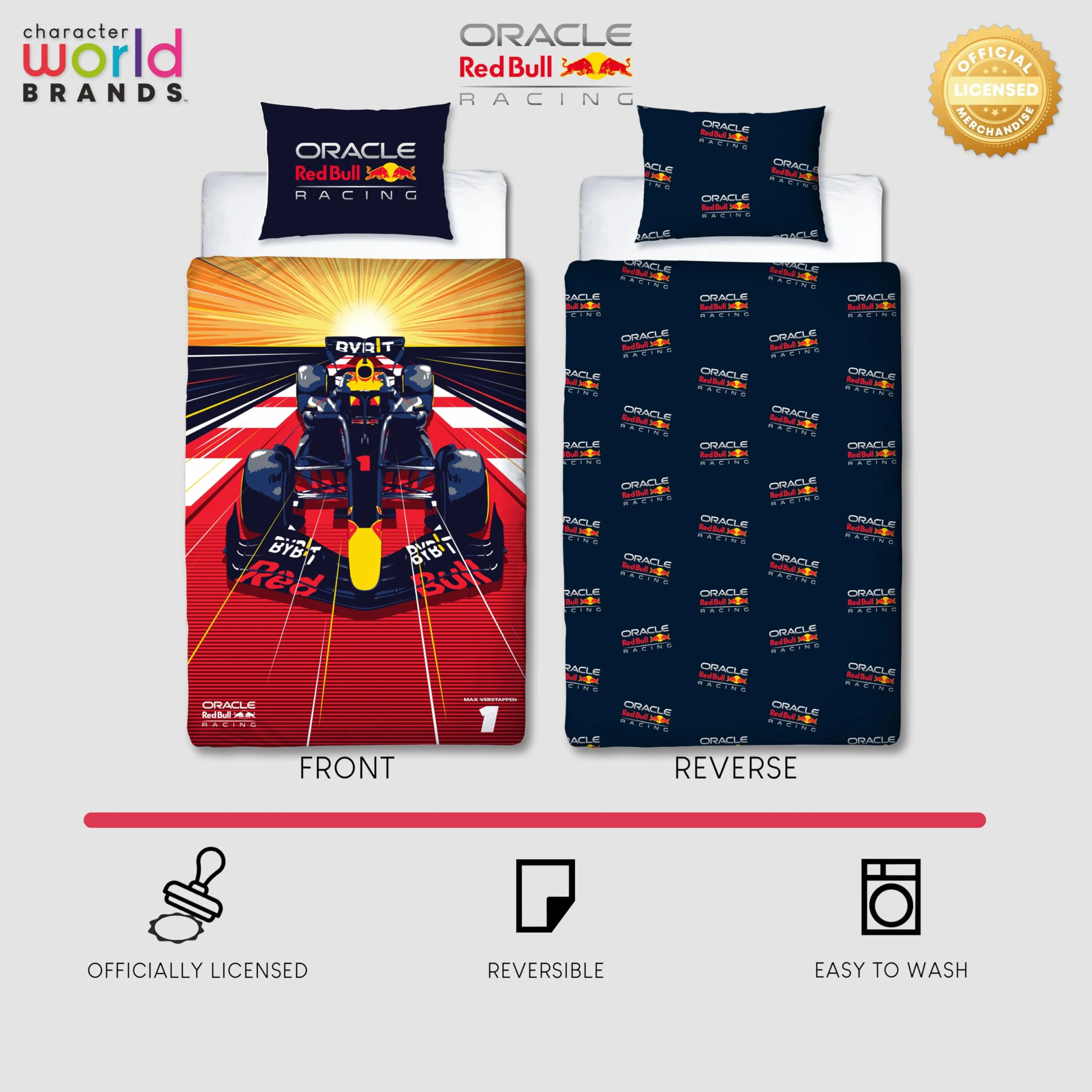 Character World Oracle Red Bull Racing oficjalny zestaw poszewek na kołdrę | Speed Design dwustronna dwustronna pościel z pasującą poszewką na poduszkę zestaw na łóżko pojedyncze | bawełna poliestrowa