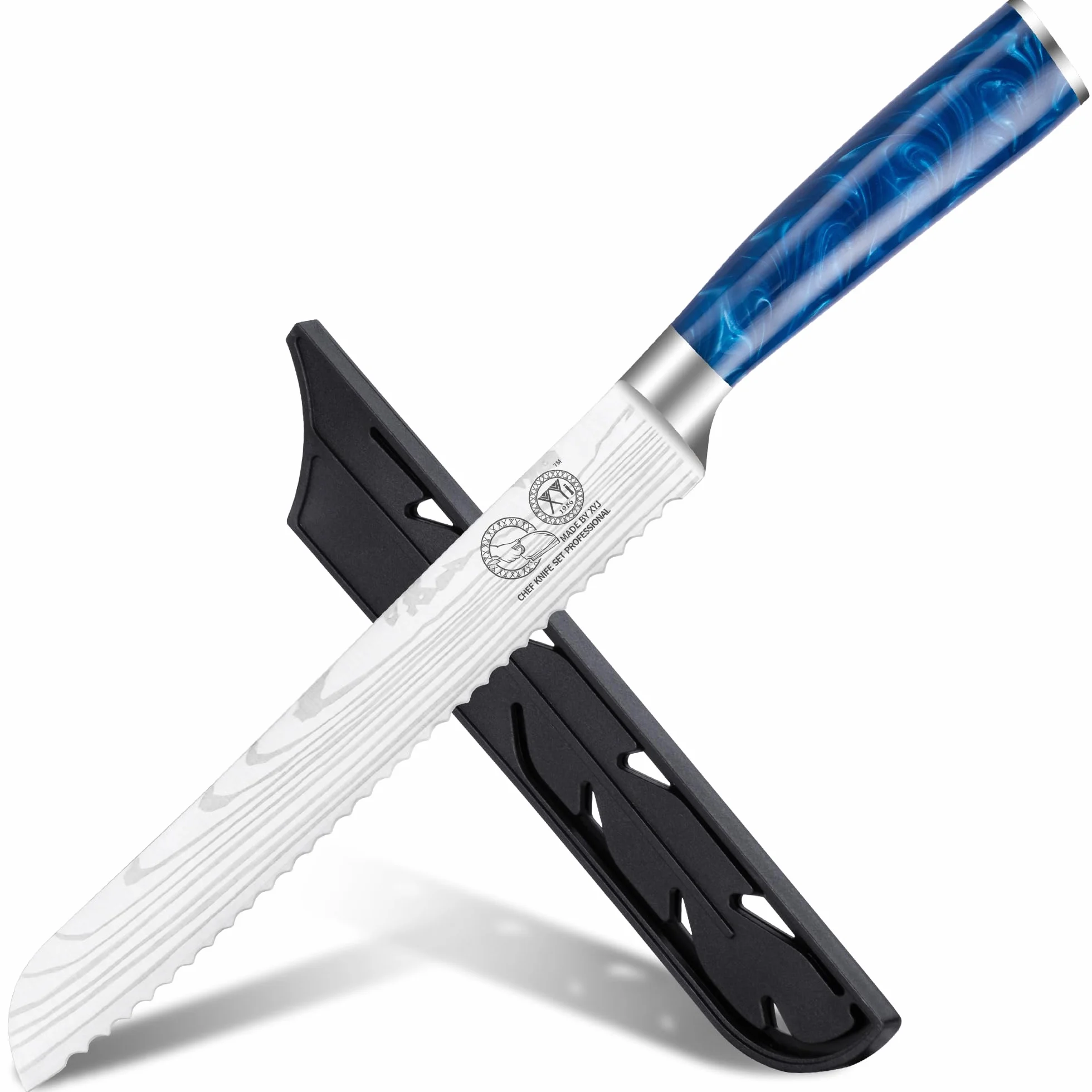 XYJ Bread Knife 8 Inch,Stainless Steel,Serrated Blade Knife,Laser Damascus Pattern Serrated Bread Knife With Sheath Case,Resin Handle for Women Men