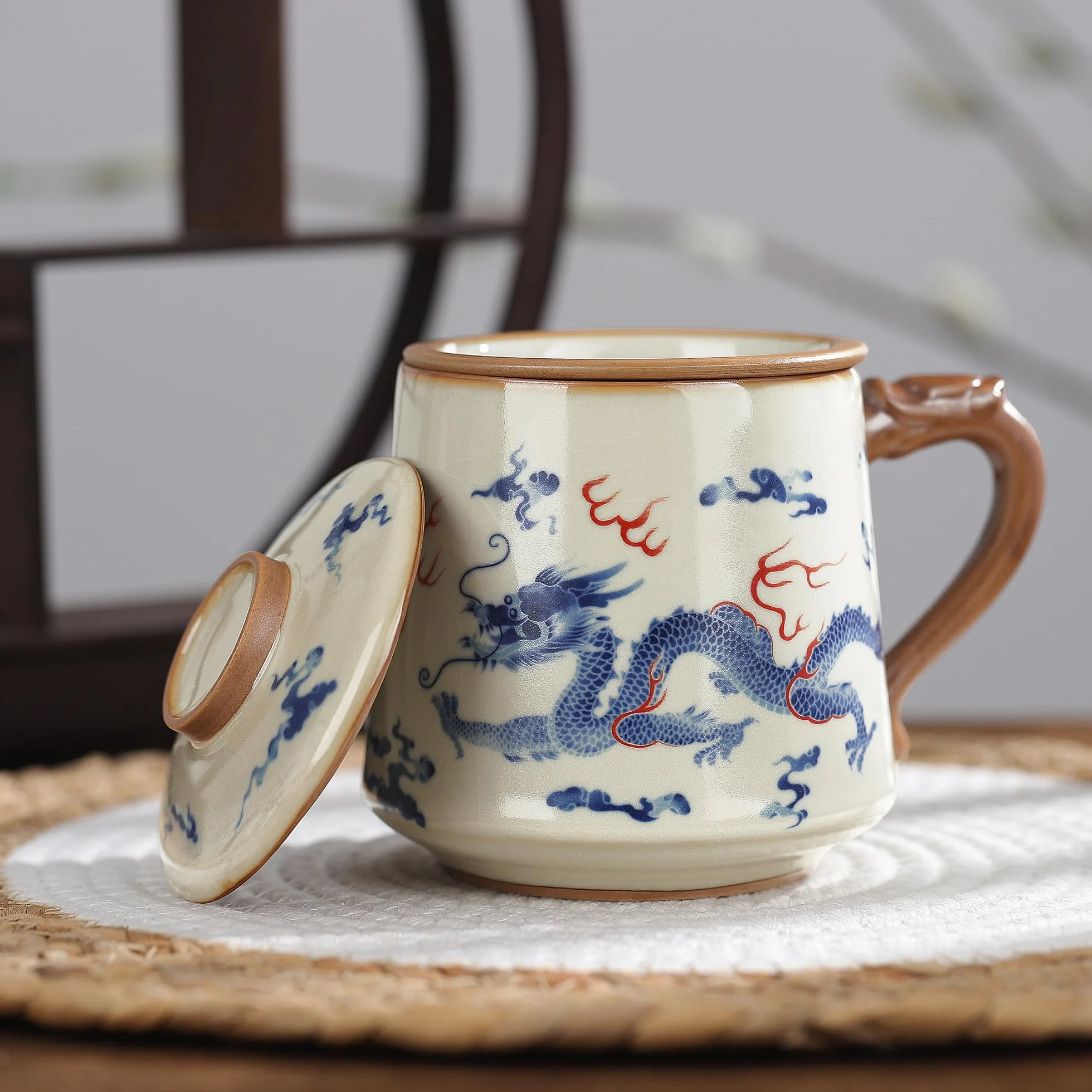 fanquare Chińskie filiżanki do herbaty z zaparzaczem i pokrywką, niebieskie filiżanki do herbaty Loong, porcelana, duża filiżanka do herbaty, na prezent domowy, 450 ml