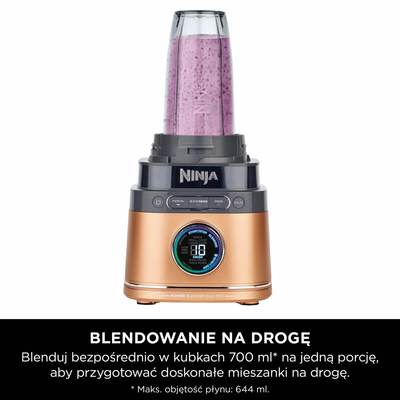 Ninja 2-in-1 Detect Power Blender Pro & Single Serve, 1200 W, dzbanek 2 l (maks.900 ml), 1 kubek 680 ml, smoothie, rozdrabnianie warzyw i miksowanie mrożonych napojów, Czarny- miedziany, TB301EUCP