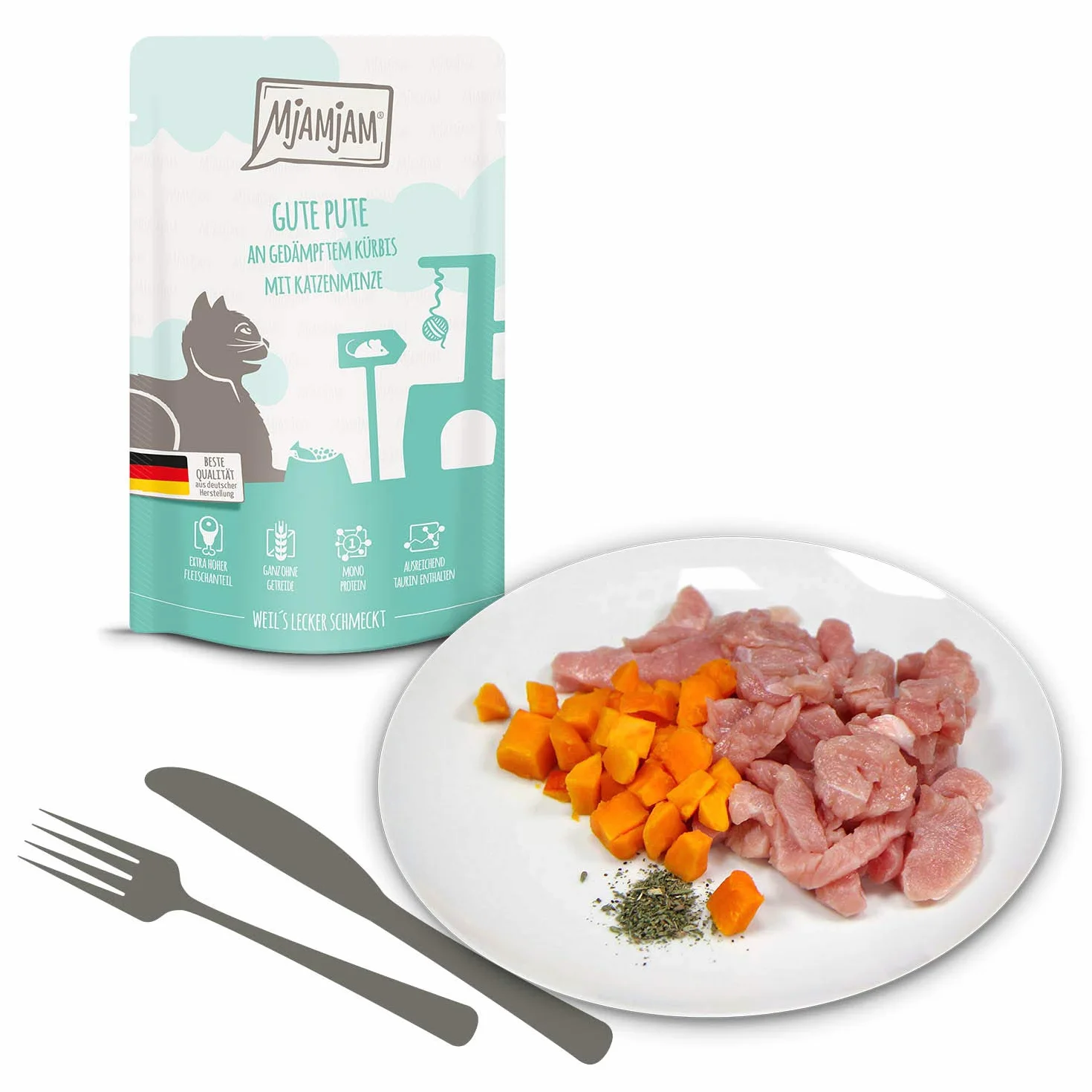 MjAMjAM - Premium mokra karma dla kotów - 4 x kurczak, 4 x kaczka i drób, 4 x indyk 12 x 125 g, opakowanie 12 szt. (12 x 125 g), bez zbóż z dodatkowym mięsem