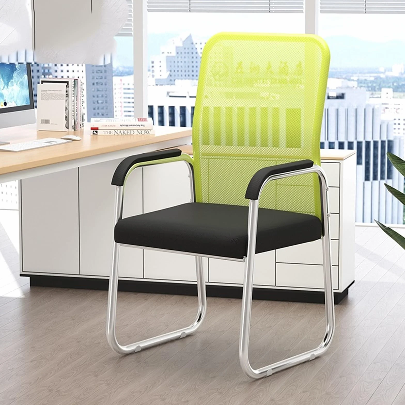 Ergonomiczne, zielone krzesło biurowe, oddychające, siatkowe, z podłokietnikami i chromowaną podstawą, wygodne krzesło komputerowe do użytku domowego i biurowego