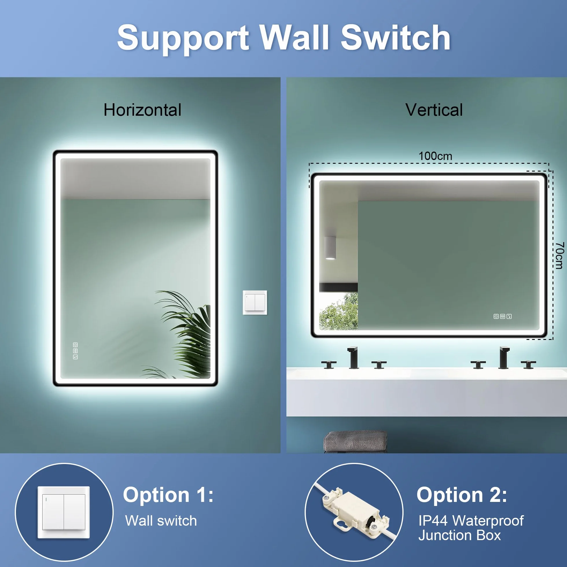 STARLEAD Czarne lustro łazienkowe LED, 70 x 100 cm, z oświetleniem i Bluetooth, odparowywanie, możliwość ściemniania, 3 kolory światła, szkło hartowane HD, wodoszczelność IP44, poziomo/pionowo