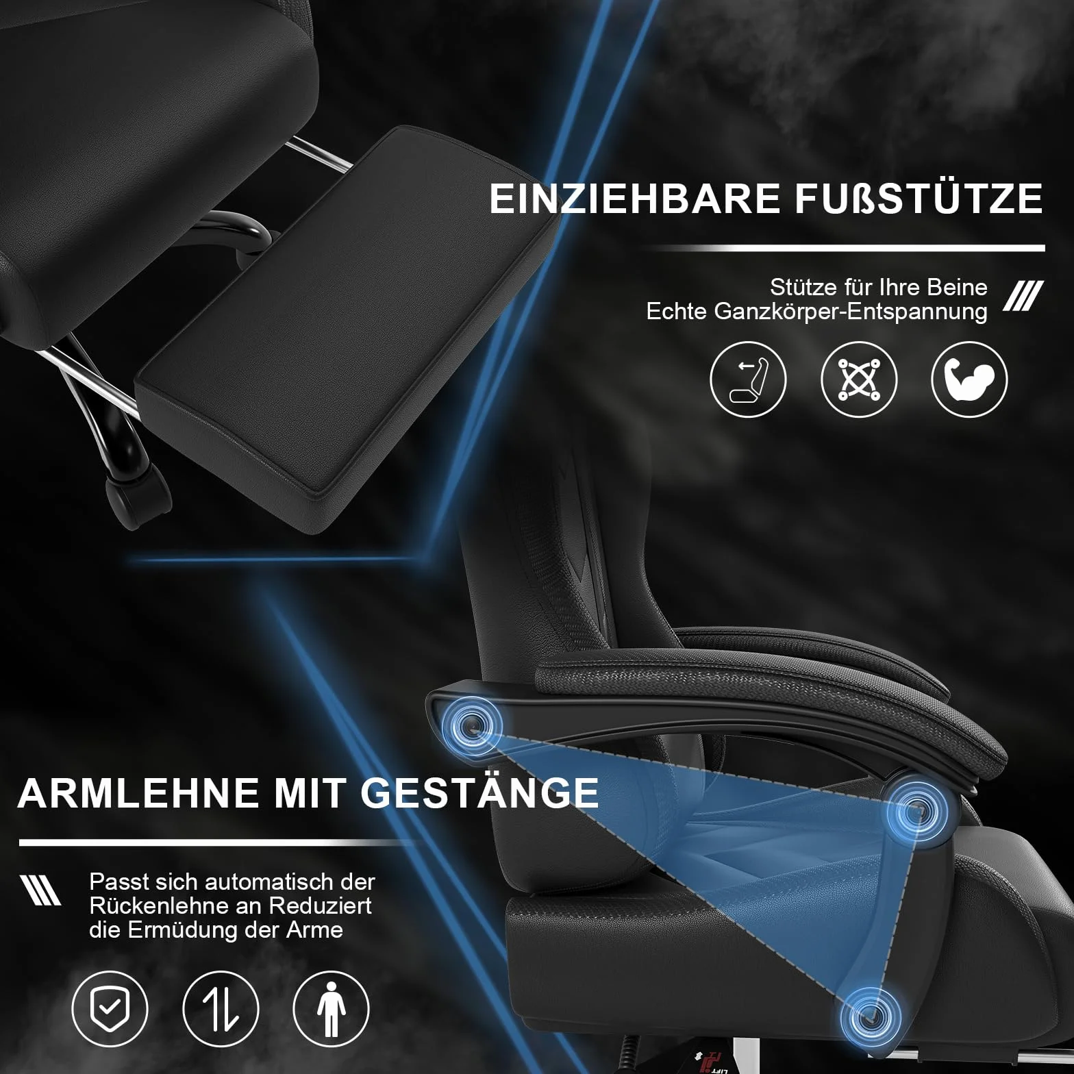 Devoko Fotel gamingowy, krzesło biurowe，Biurowe Krzesło Komputerowe z Podnóżkiem, Krzesło Gamingowe Wytrzymałe do 150kg, Oparcie Regulowane 90-135°, Ergonomiczne Krzesło PC, Obrotowe o 360°, Czarny