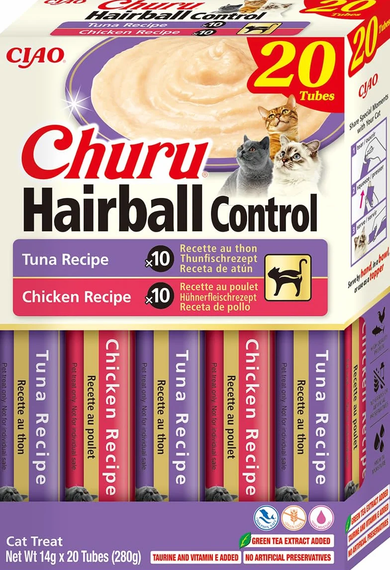 INABA Churu Hairball Control przysmaki dla kotów z tauryną i włóknem, kurczak i tuńczyk, 20 x 14 g