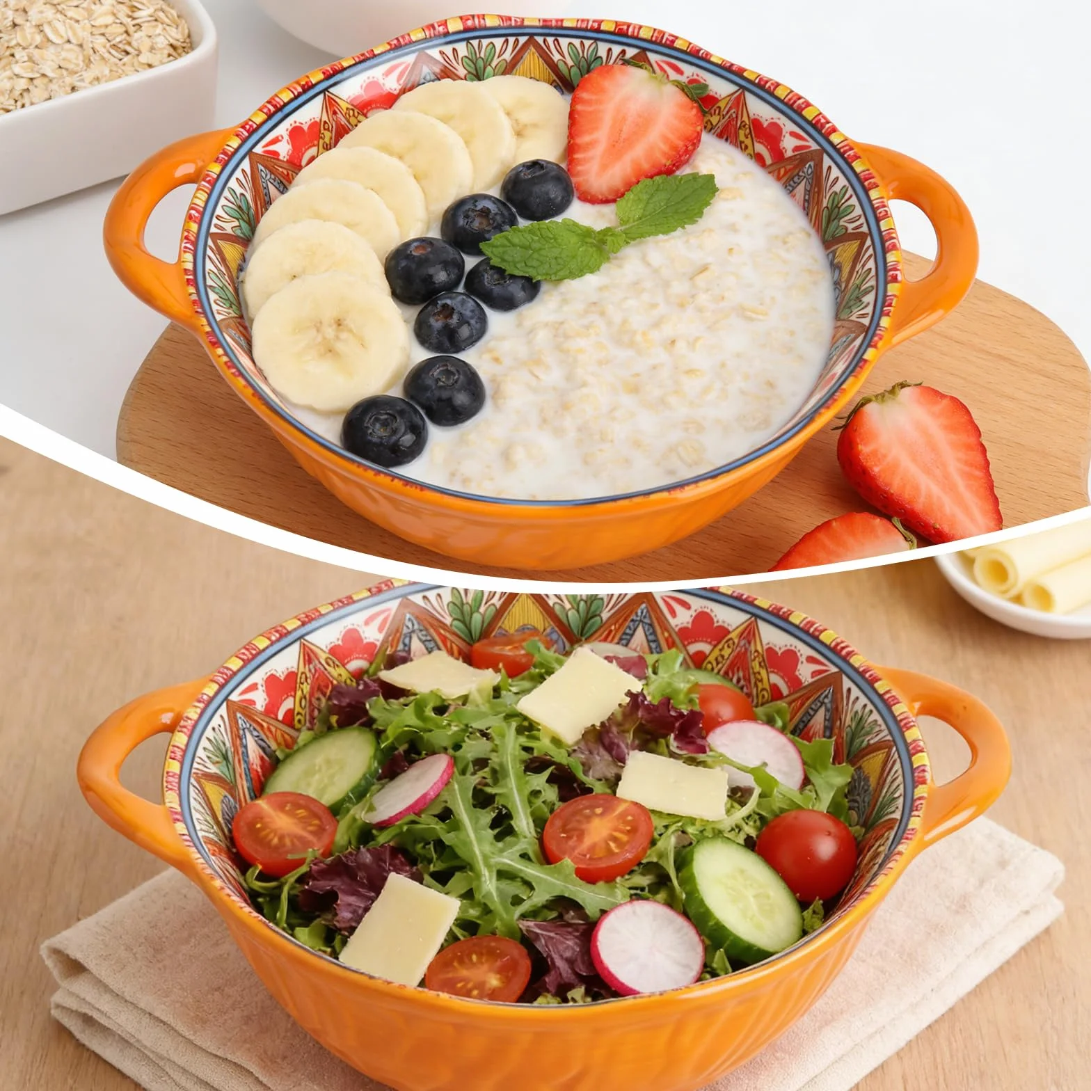 Misa z uchwytem do zupy, miseczki z uchwytem do zupy, duża salaterka, salaterka ceramiczna, duża miska do serwowania - Boho 1200-1500ml, 24x19,5x7cm - na Ramen, zupę, sałatkę