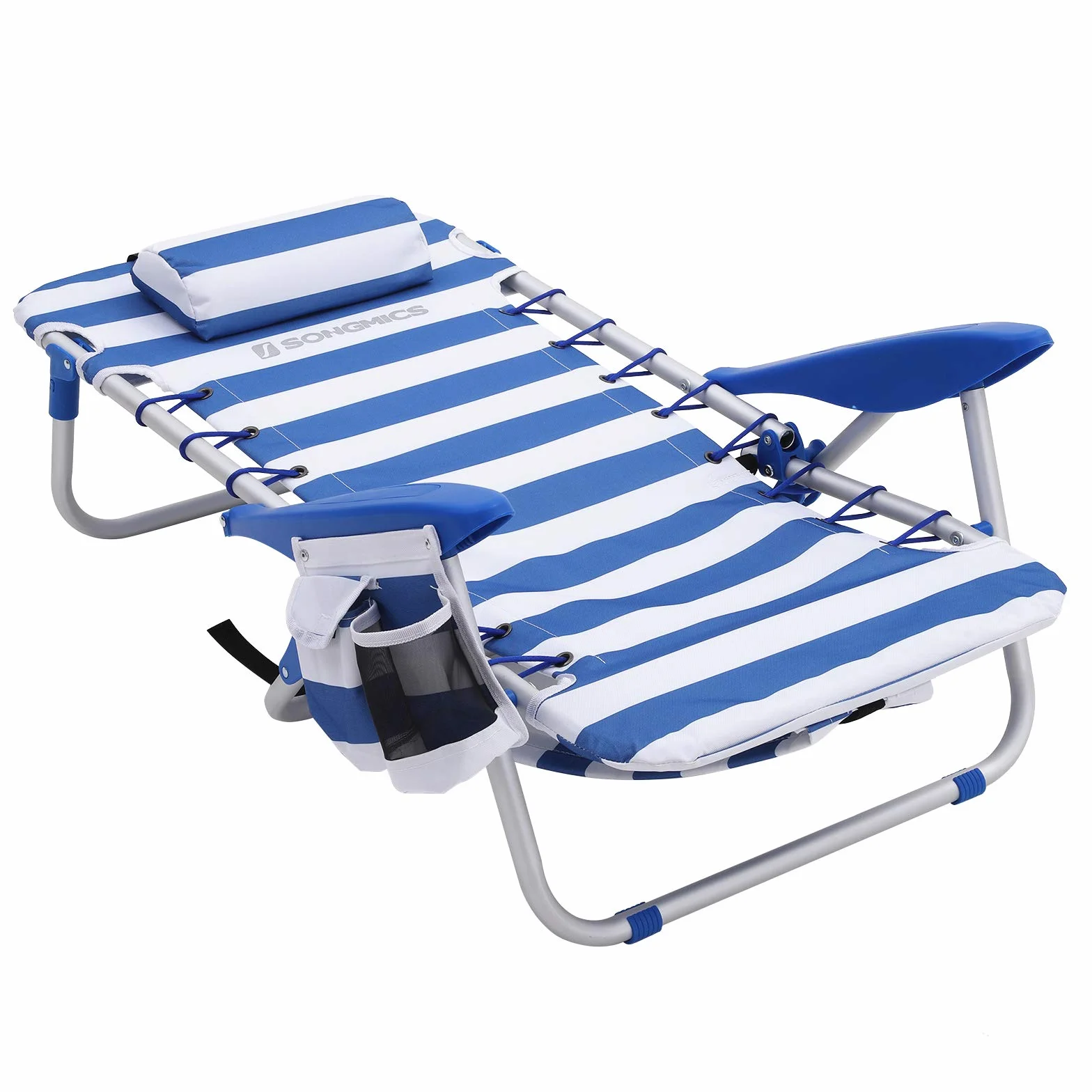 SONGMICS Krzesło plażowe z poduszką, aluminium, przenośne krzesło składane, krzesło kempingowe, składane i regulowane, jak plecak, krzesło outdoorowe, niebiesko-białe paski, GCB62BU
