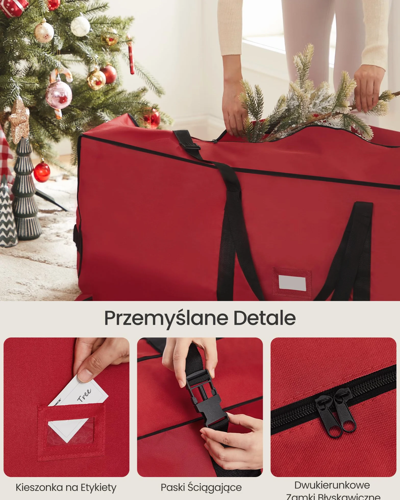 SONGMICS Torba na choinkę z kółkami 4 cm, skrzynia na choinkę do 229 cm, na zdejmowane drzewko, regulowane uchwyty, tkanina Oxford 600D, wiśniowa czerwień RXS004R03