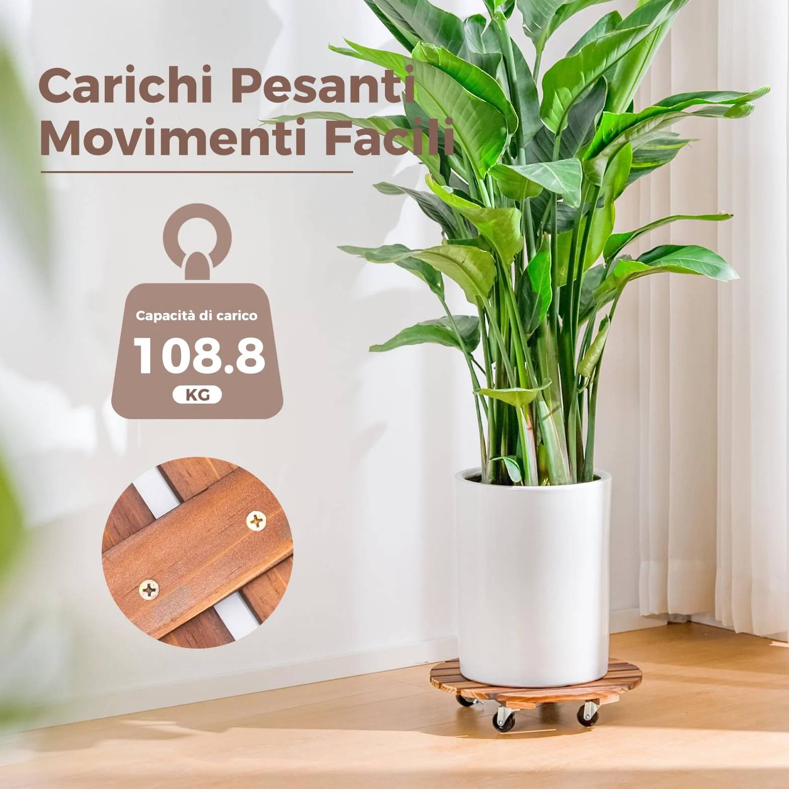 Bamworld Drewniany pojemnik na rośliny z kółkami 35 cm, wytrzymały wózek na rośliny o udźwigu 109 kg, kółka zamykane 360°, do dużych doniczek, ciężkich przedmiotów, idealny do użytku wewnątrz i na