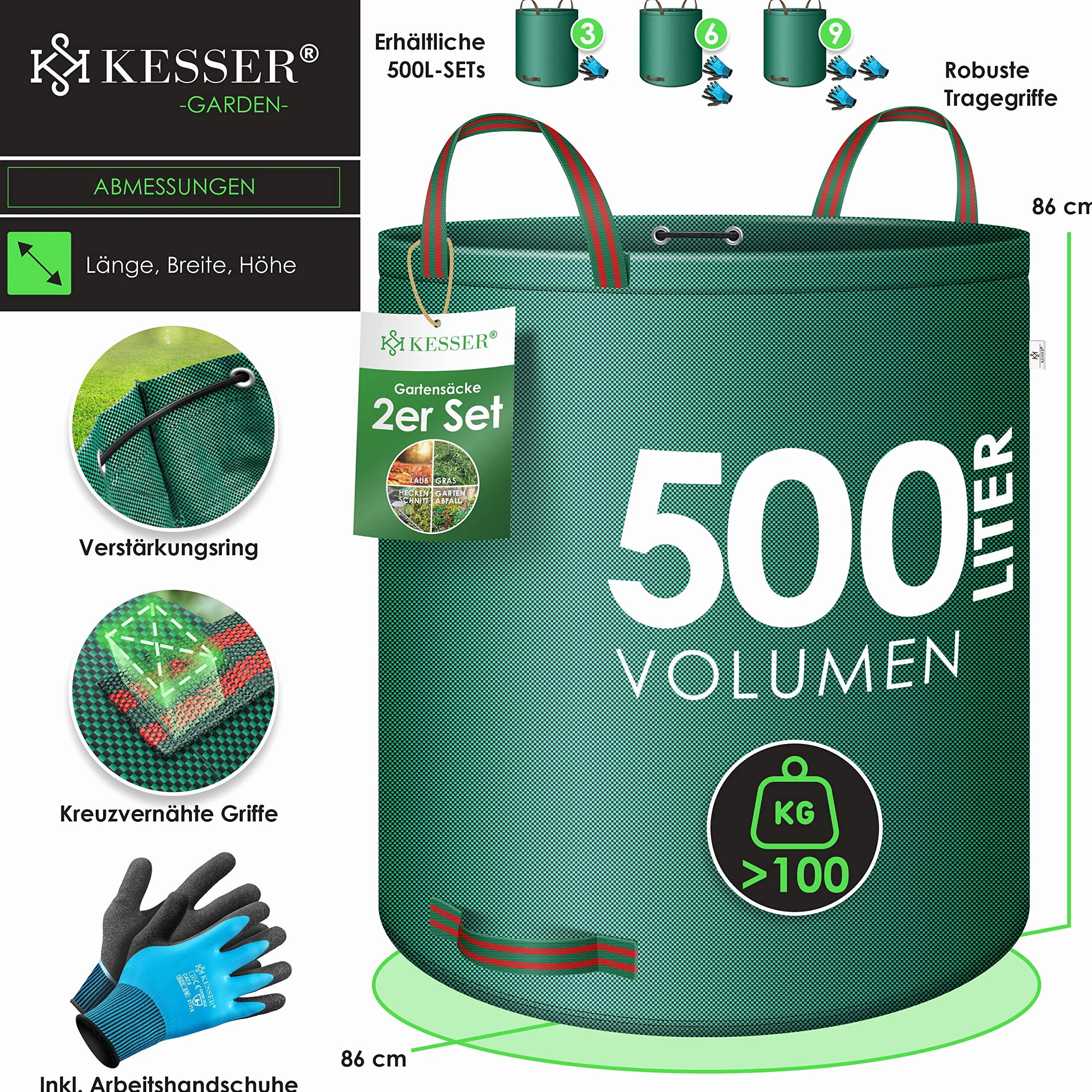 KESSER Worek ogrodowy 2 x 500 l, worek na odpady ogrodowe, worek na odpady ogrodowe w zestawie z rękawicami – wolnostojący, 4 uchwyty, stabilny, wytrzymały i składany – worki na liście do cięcia