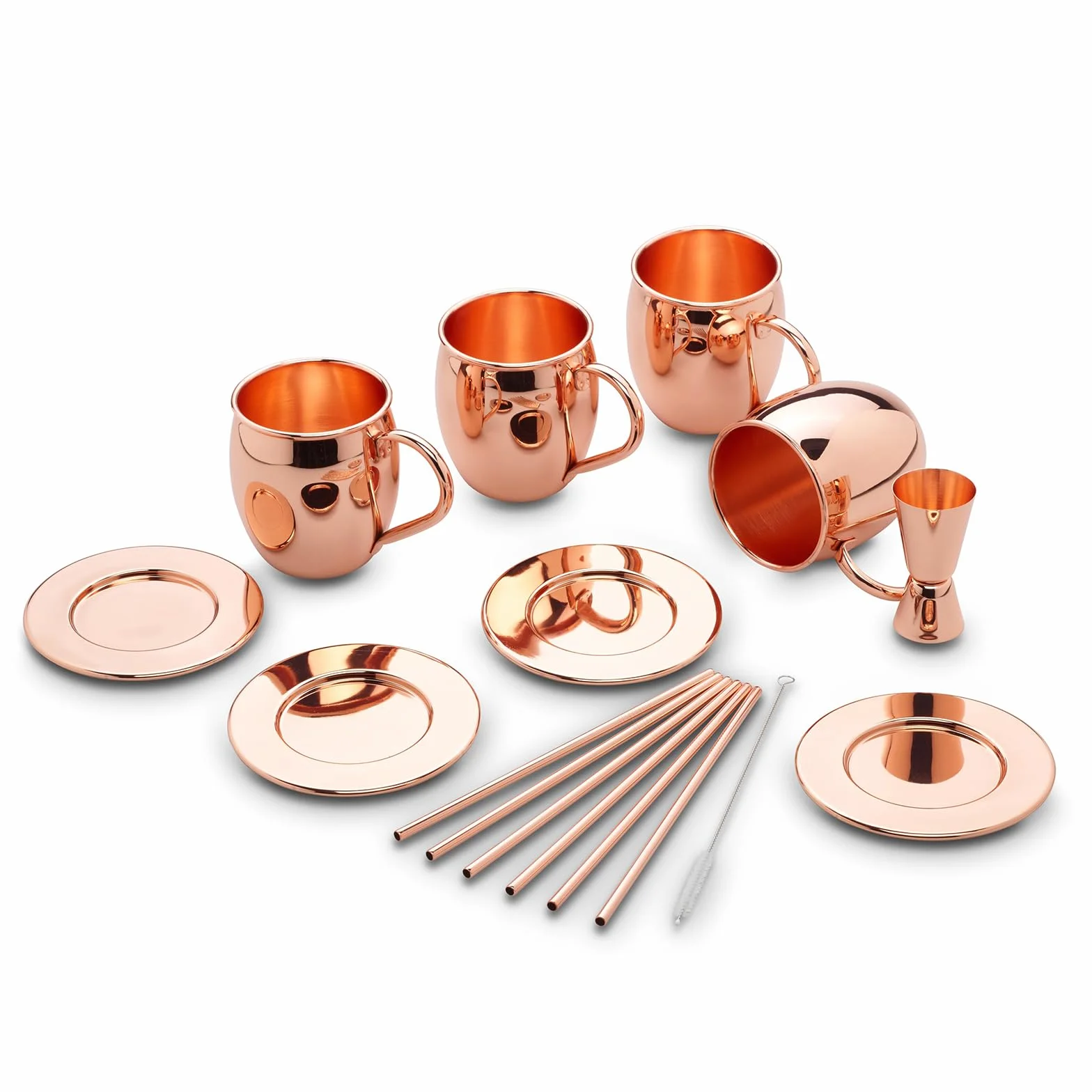 ECHTWERK Moscow Mule zestaw 13 kubków miedzianych ze stali nierdzewnej, składający się z 4 kubków miedzianych 500 ml, 4 podstawek, 4 słomek i 1 miarki 2 cl/4 cl, EW-MM-1714G
