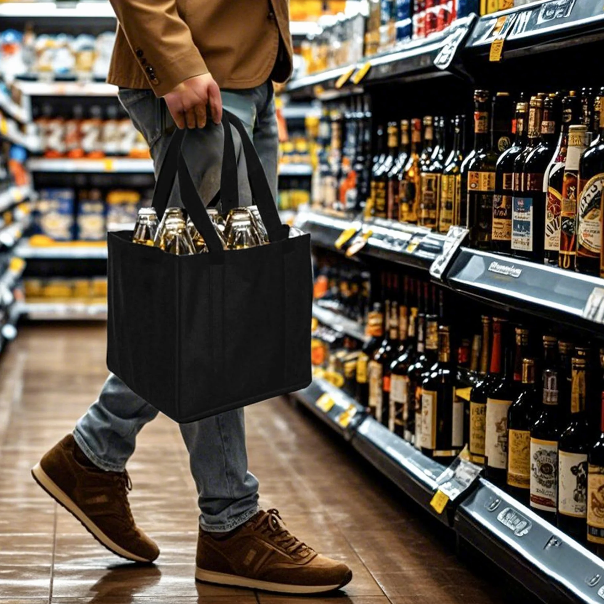 Torba na butelka 1,5 litra, 9 butelek, uchwyt, przegrodki, torebka do przenoszenia, wielokrotnego użytku, czarny, Prostota