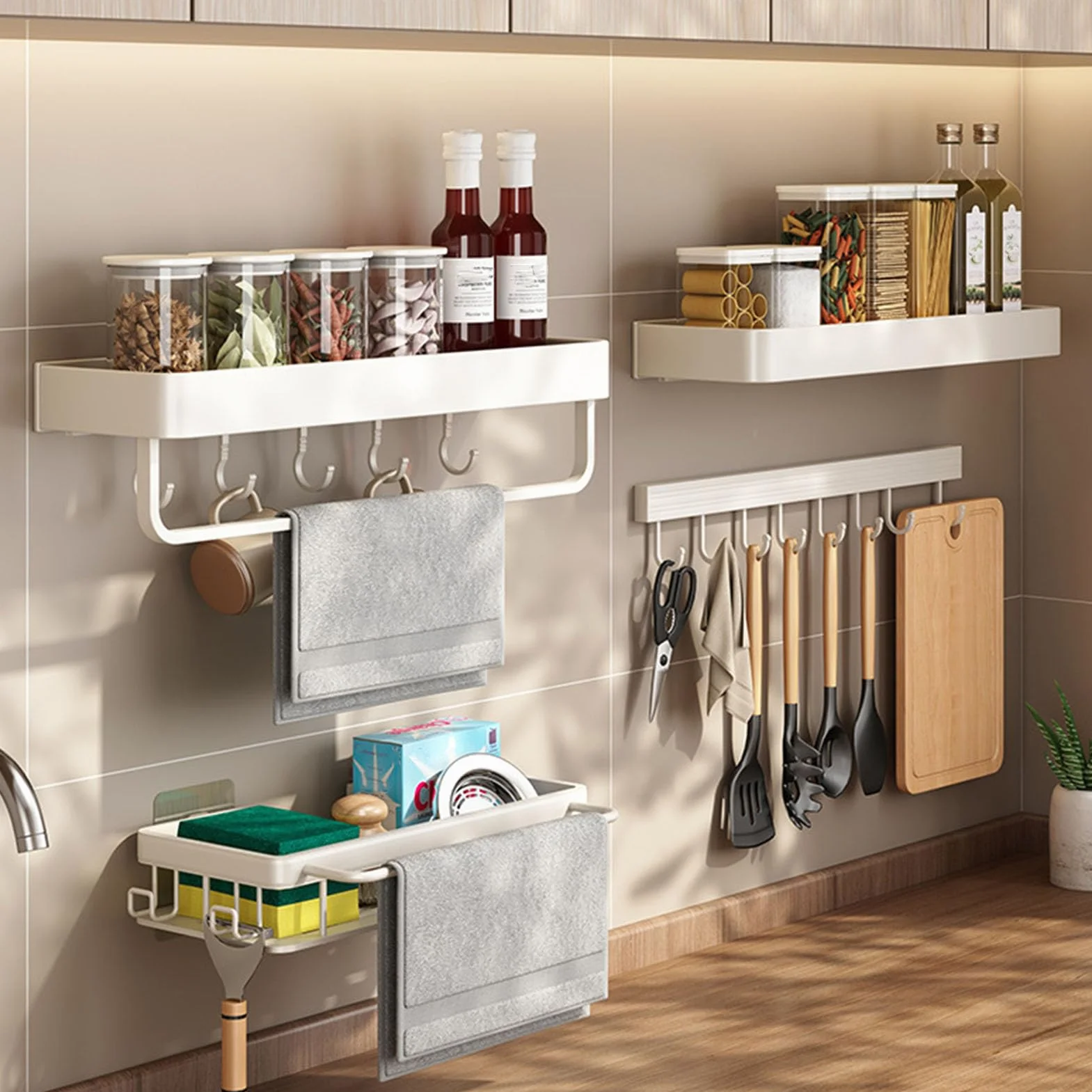 Haki ścienne do Kuchni Rack Rail Space Aluminiowy ścienny Hak Kuchenny Stojak Biały Wieszak Punch Spoon Łopata Deska do Krojenia Stojak do Przechowywania (10 haczyków 50 cm)