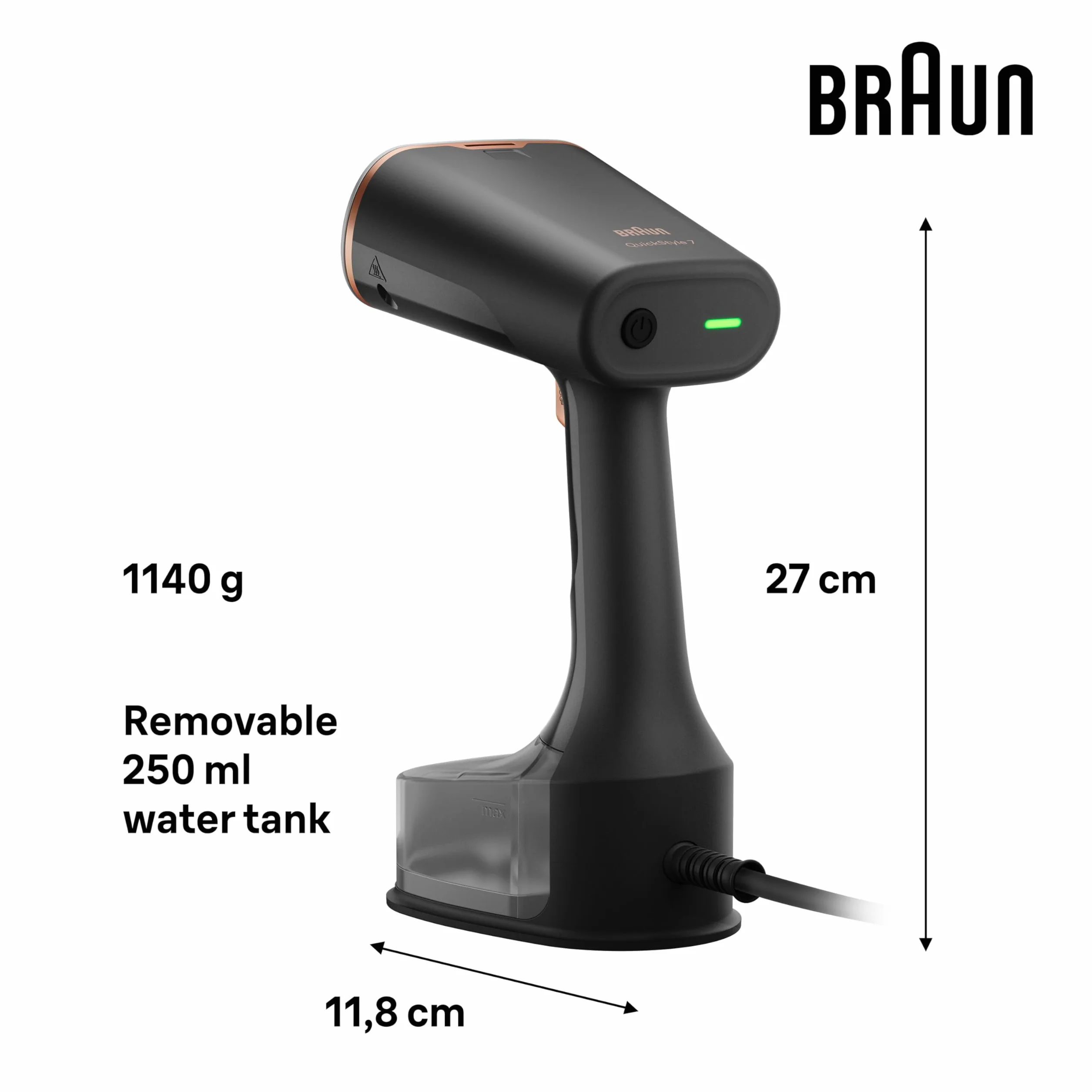 Braun QuickStyle 7 GS7077BK pionowa prasownica 3D Dual FreeGlide z podgrzewaną płytą grzewczą, szybkie nagrzewanie, para 35 g/min, pojemność 250 ml, kabel 3 m, 1600 W, czarny