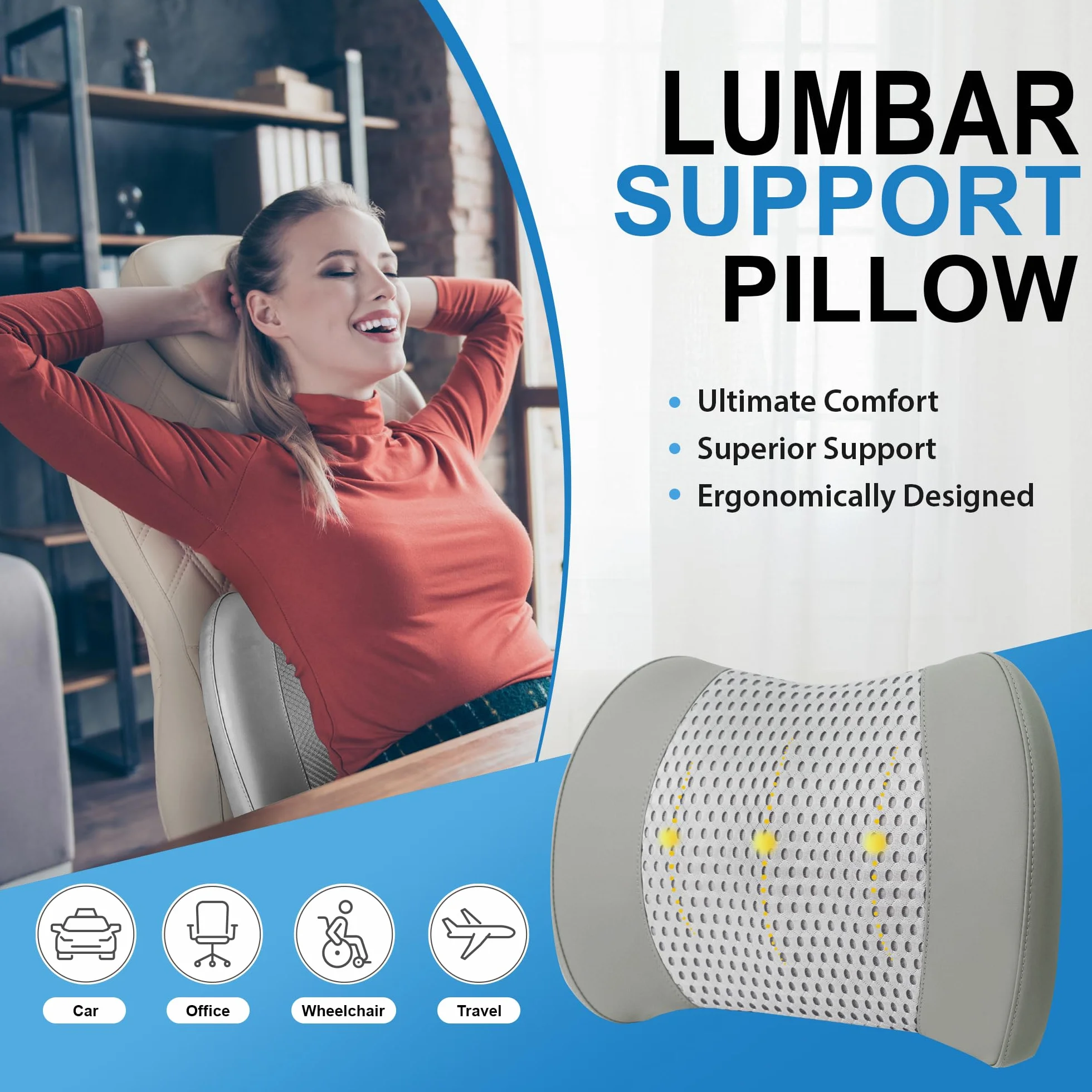 Lofty Aim Memory Foam Lumbar Support Cushion Relieves Lower Back Pain for Car, Office Chair, and Wheelchair Use, 4D Mesh Cover, Gray