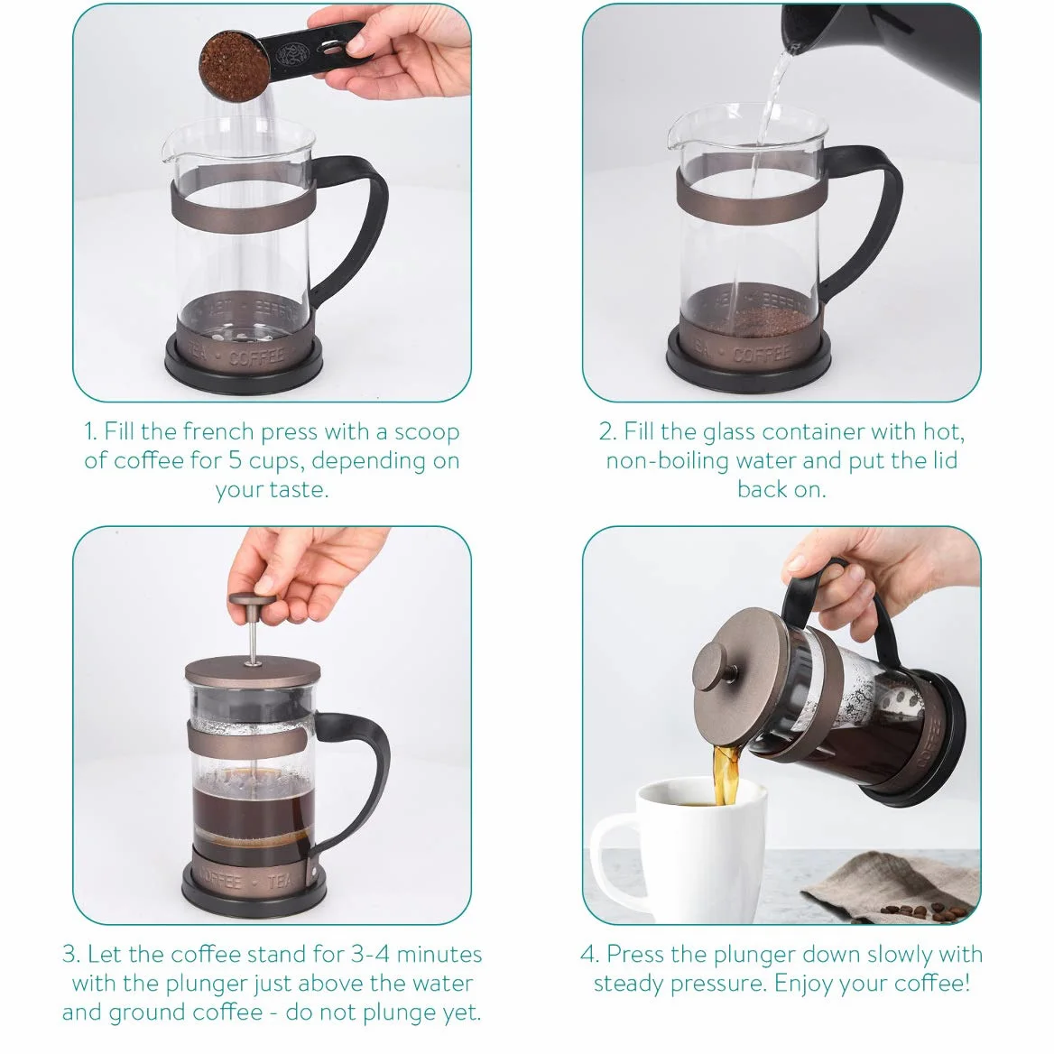 Navaris French Press zaparzacz do kawy z filtrem ze stali nierdzewnej – dzbanek do stempli 600 ml – 15 x 10,2 x 18,2 cm – 0,6 l – również do herbaty