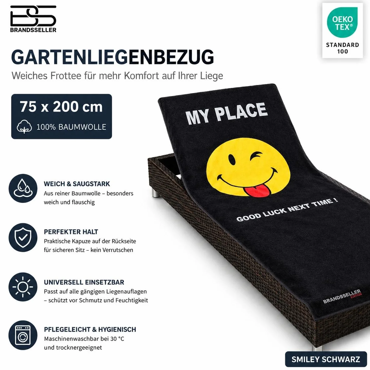 Brandsseller Pokrowiec ochronny na leżak ogrodowy, plażowy, ręcznik frotte, ok. 75x200 cm – czarny/smiley (My Place)