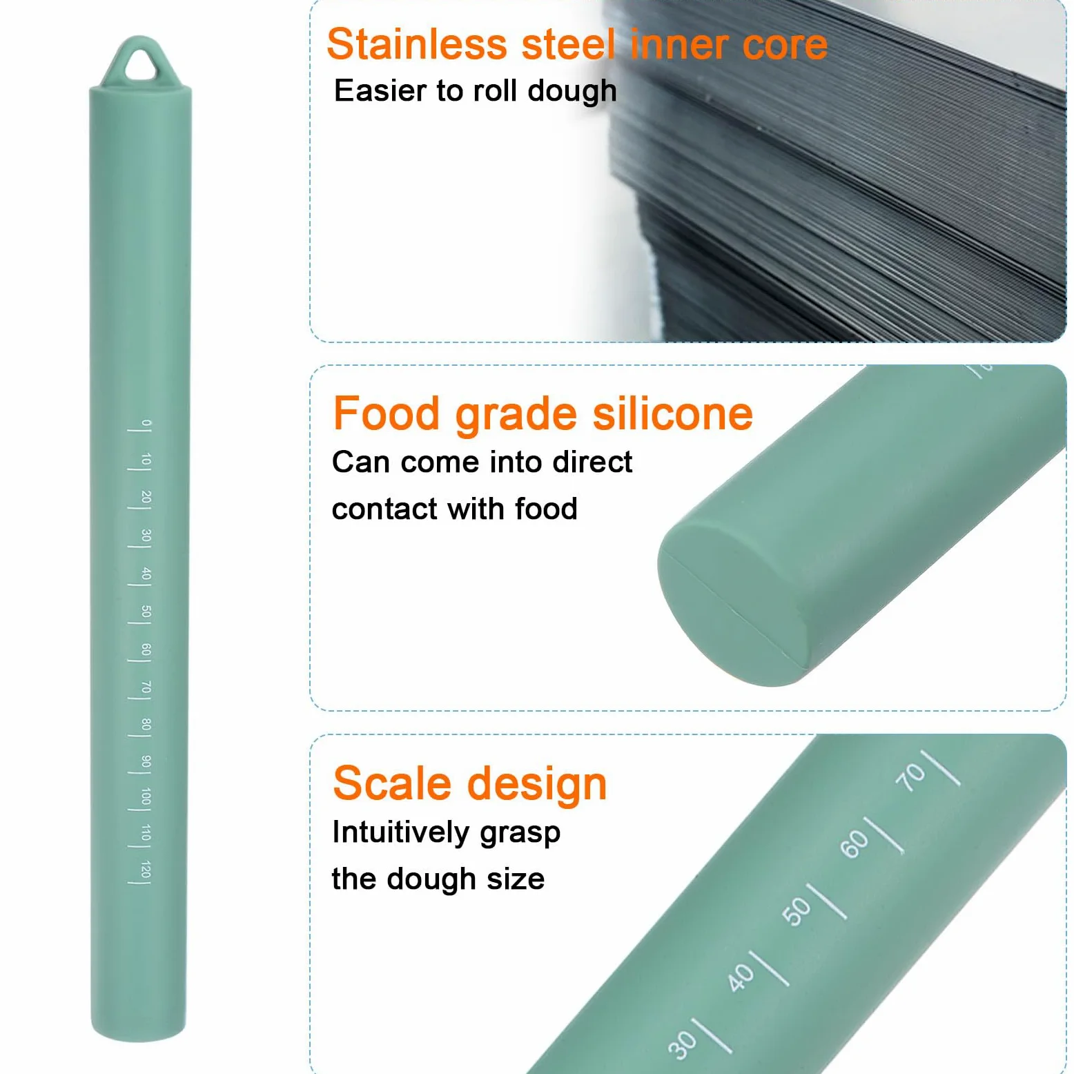 QUARKZMAN Silikonowy obrotowy kołek 10" cylindryczny nieprzywierający stal wewnętrzna rdzeń obrotowy kołek wałek wałek mały wałek kuchenny wałek do pieczenia ciasta zielony