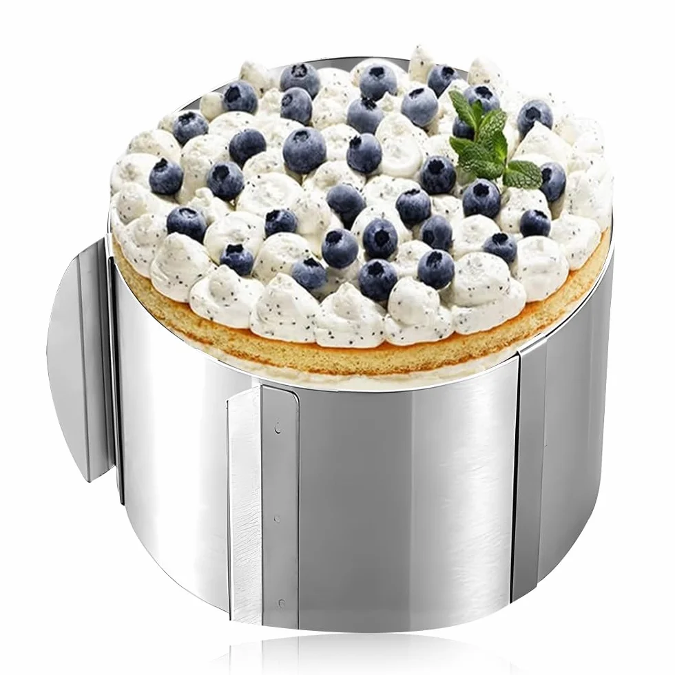 Pierścień na tort regulowany, wysoki pierścień na tort, z dwoma uchwytami do ciągnięcia, idealnie nadaje się do tortów warstwowych, regulowany 16-30 cm, odporny na wysokie temperatury, stal