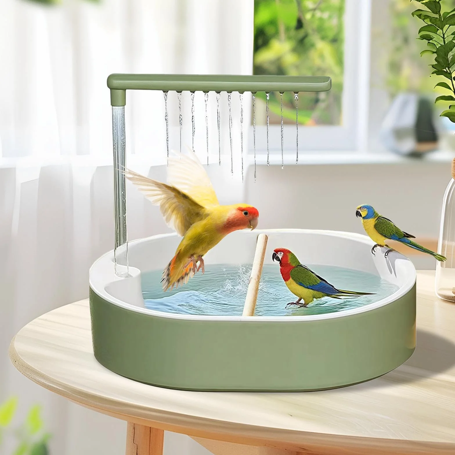 Parrot Bath Parakeet, fontanna dla ptaków, funkcja wody dla małych ptaków, kryty kockatiel zięby stacja do kąpieli z łatwym czyszczeniem i ochroną przed rozpryskami, basen dla zabawy