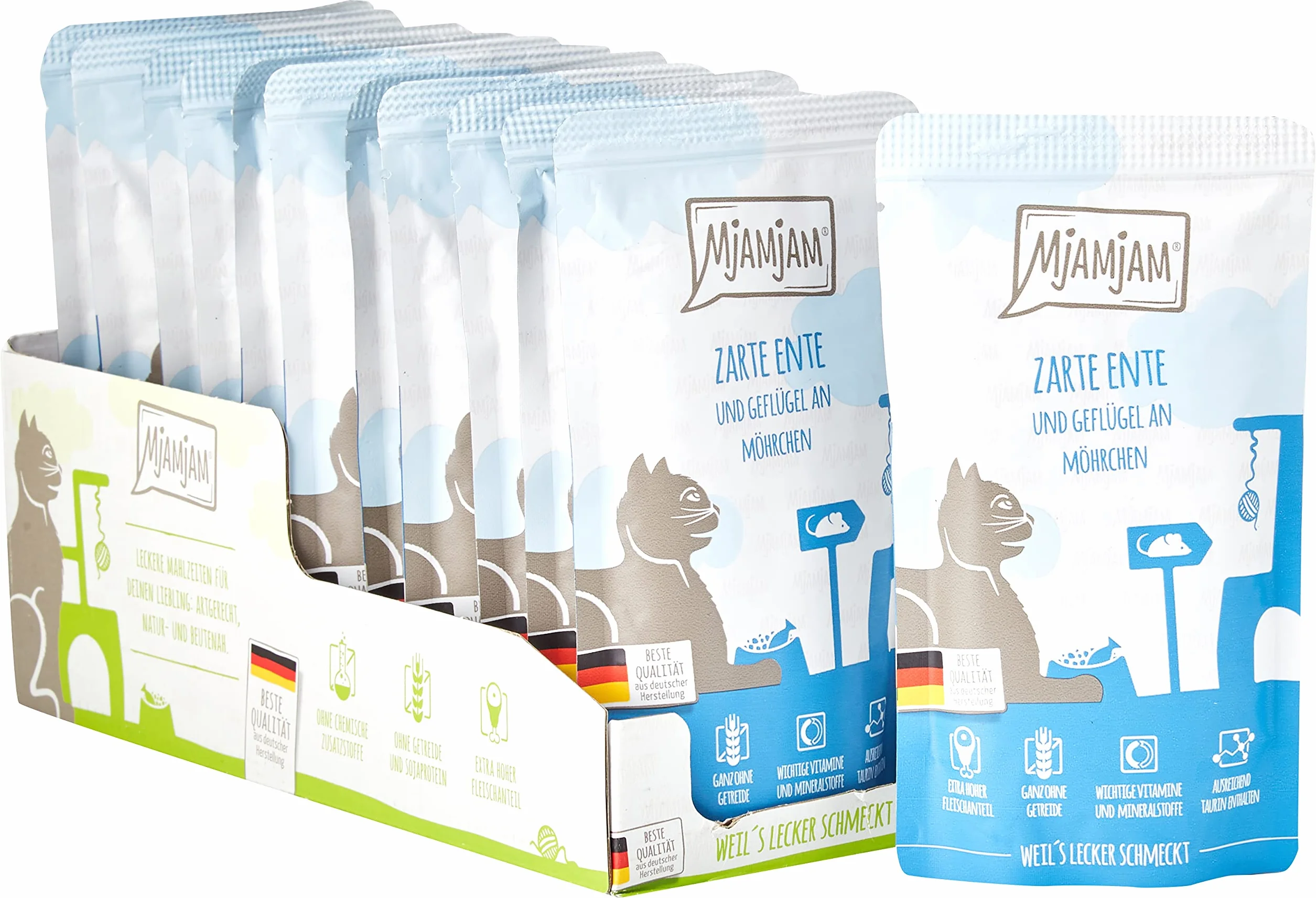 MjAMjAM - Mokra karma Premium dla kotów - Quetschie - delikatna kaczka z kurczakiem z dodatkiem pysznej marchewki, 12-pak (12 x 125g), bezzbożowa z dodatkowym mięsem