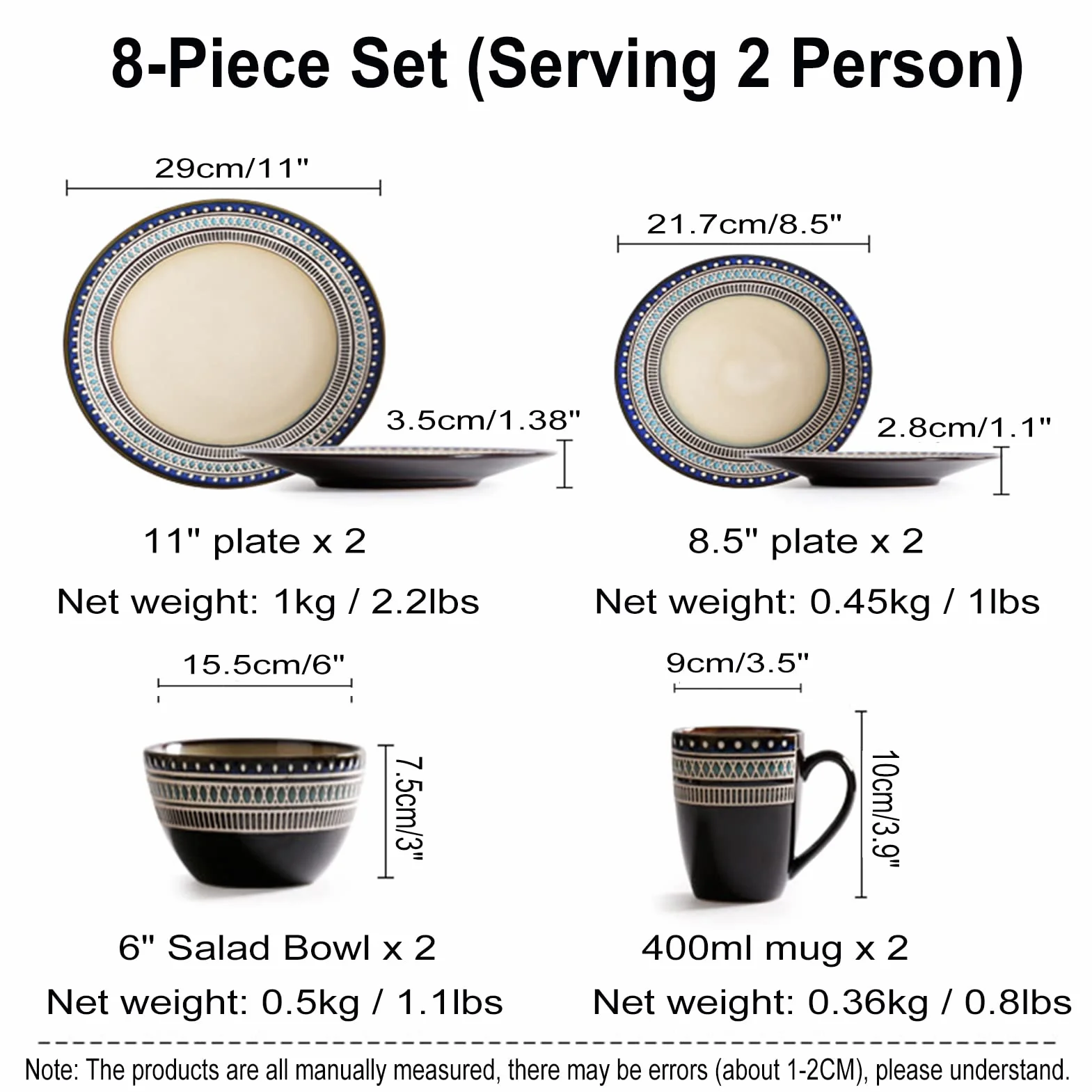 Porcelana zastawa stołowa, kompletny zestaw obiadowy z talerzami obiadowymi, talerzem deserowym, miskami na płatki śniadaniowymi i filiżankami 400 ml, zmywarką i do kuchenki mikrofalowej, 8